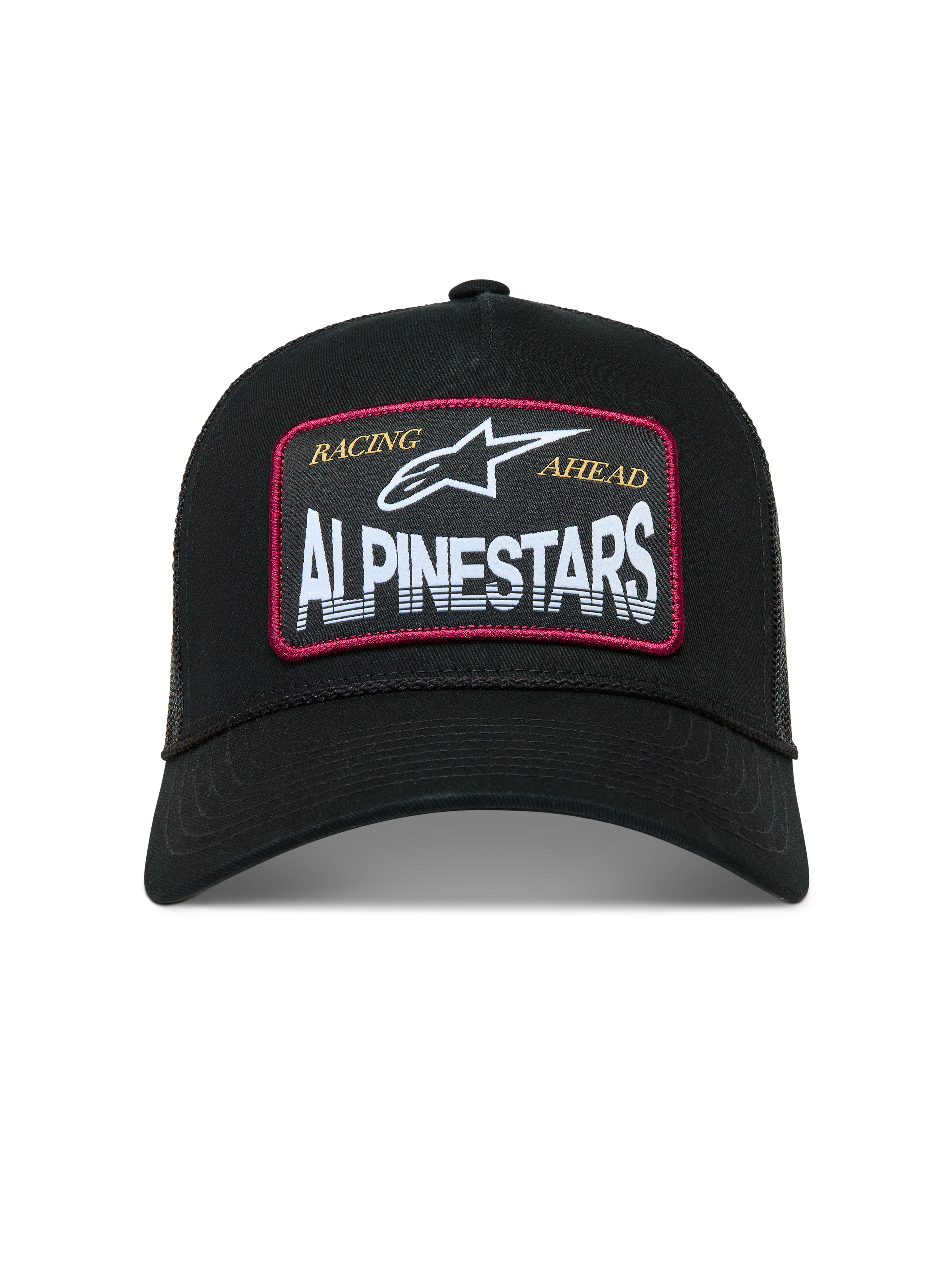 Alpinestars Hemmings Trucker pet, zwarte pet met witte geweven logopatch en rode accenten, ademende mesh achterzijde.