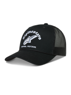 Alpinestars Baron Trucker Hat, black sportswear cap with white embroidered logo, curved bill, and breathable mesh back.