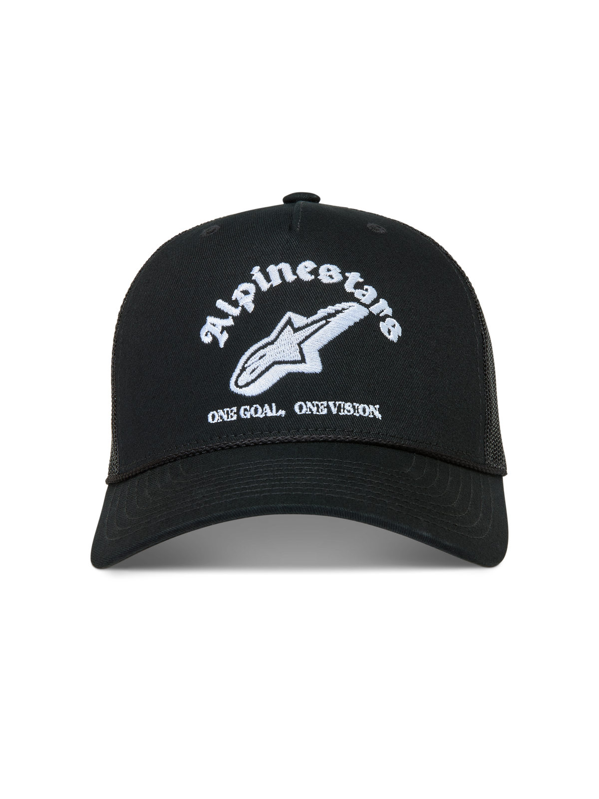Alpinestars Baron Trucker pet, zwarte pet met wit geborduurd logo en One Goal One Vision slogan, gebogen klep en mesh achterkant.