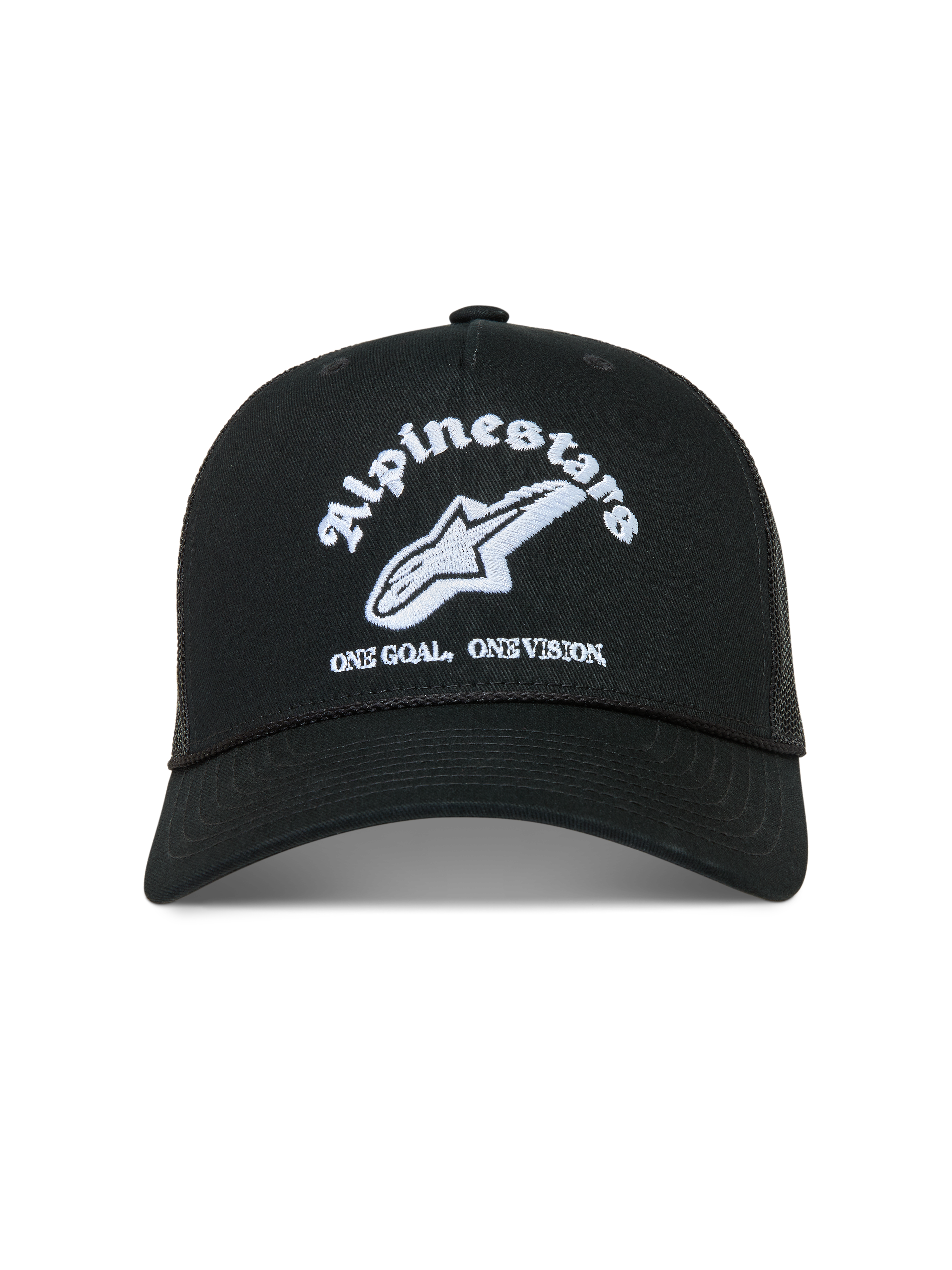 Alpinestars Baron Trucker Hat, black sportswear cap featuring white logo embroidery, curved bill, and breathable mesh back.