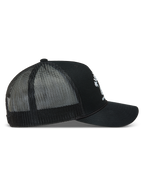 Alpinestars Baron Trucker Hat, Black Sportswear Snapback Cap, side view with white logo, curved bill, and poly mesh back.
