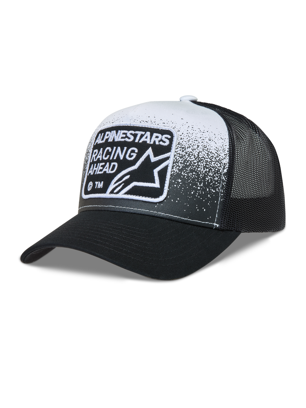 Alpinestars Gravel Trucker pet, zwart-witte mesh pet met gebogen klep en Alpinestars Racing Ahead geweven patch.