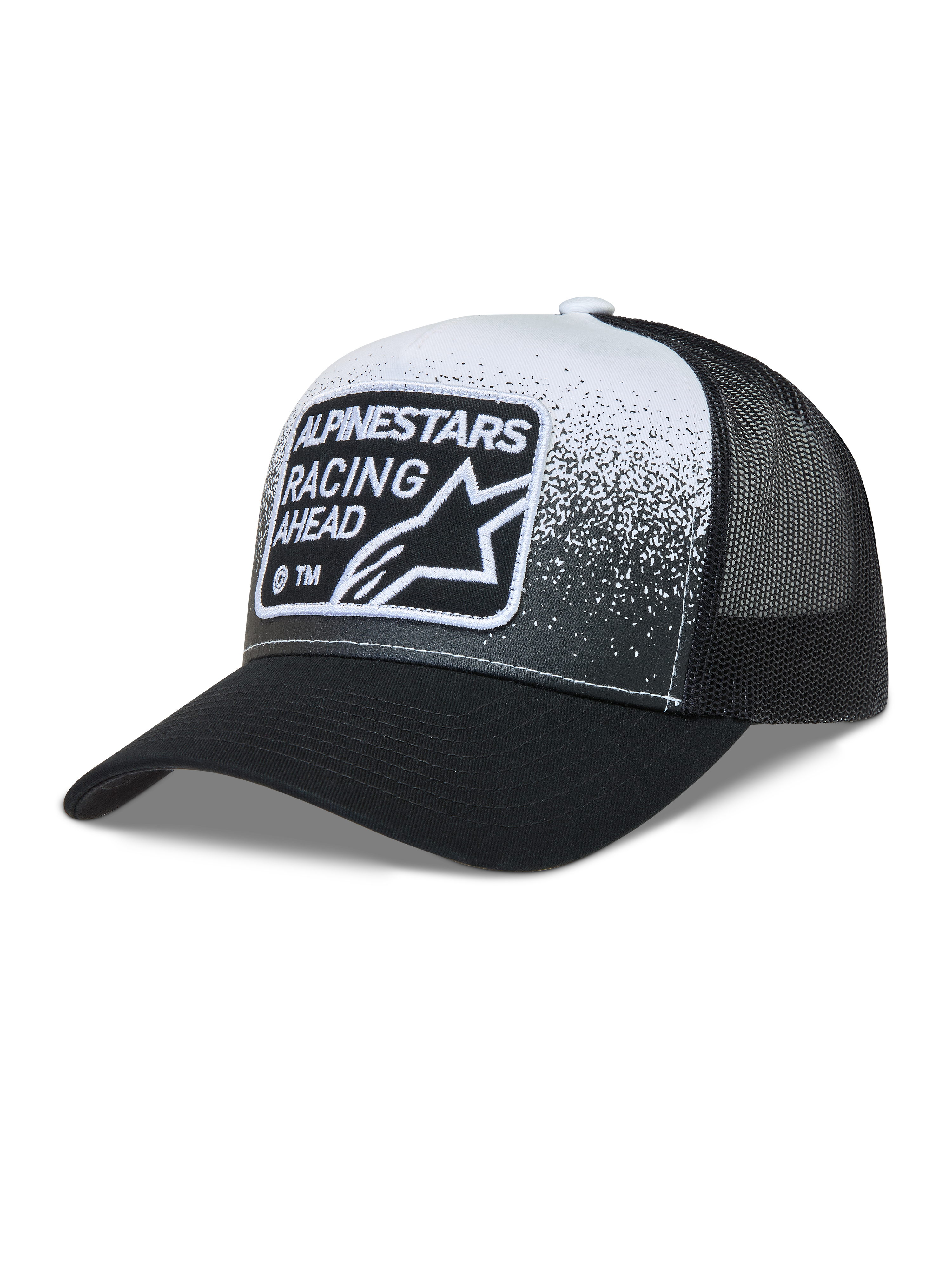Alpinestars Gravel Trucker pet, zwart-witte mesh pet met gebogen klep en Alpinestars Racing Ahead geweven patch.