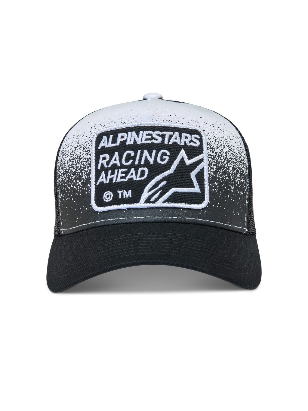 Alpinestars Gravel Trucker pet, zwart en wit met mesh achterkant, grindtextuur print en geweven label.
