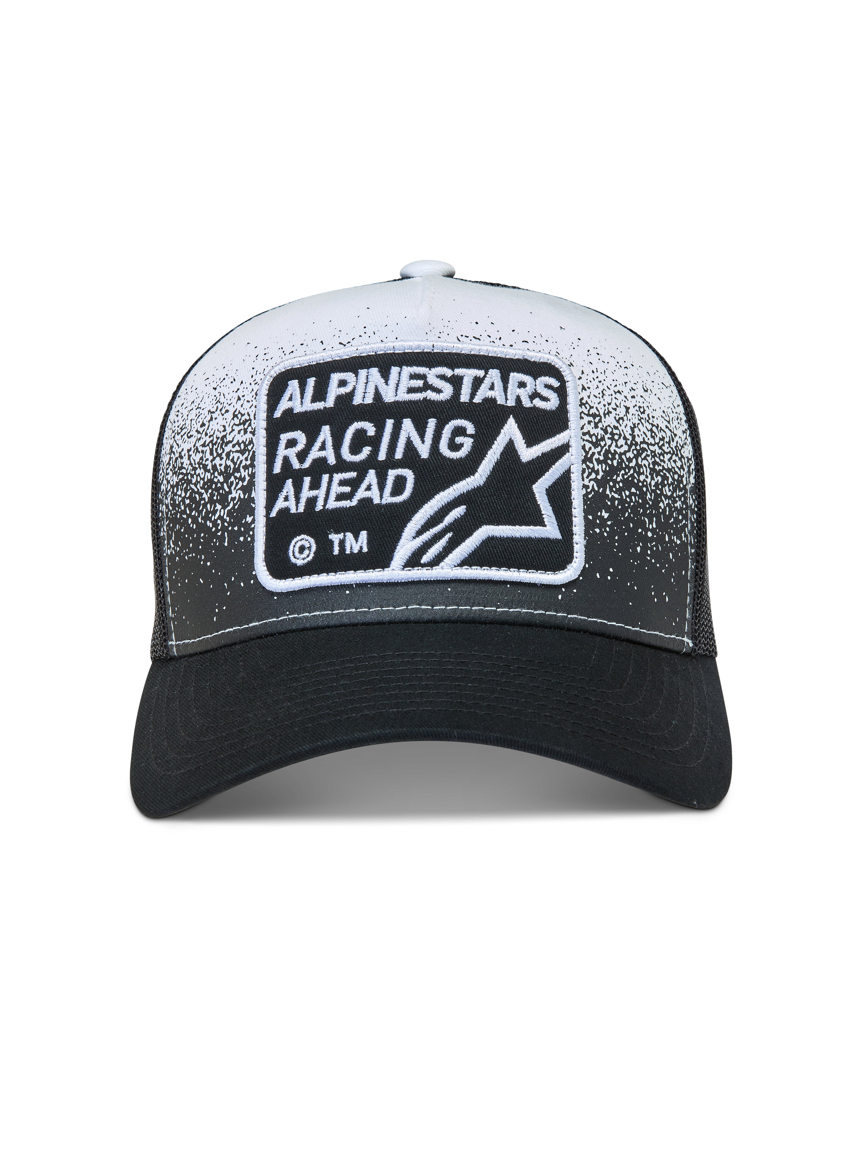 Alpinestars Gravel Trucker pet, zwart en wit met mesh achterkant, grindtextuur print en geweven label.