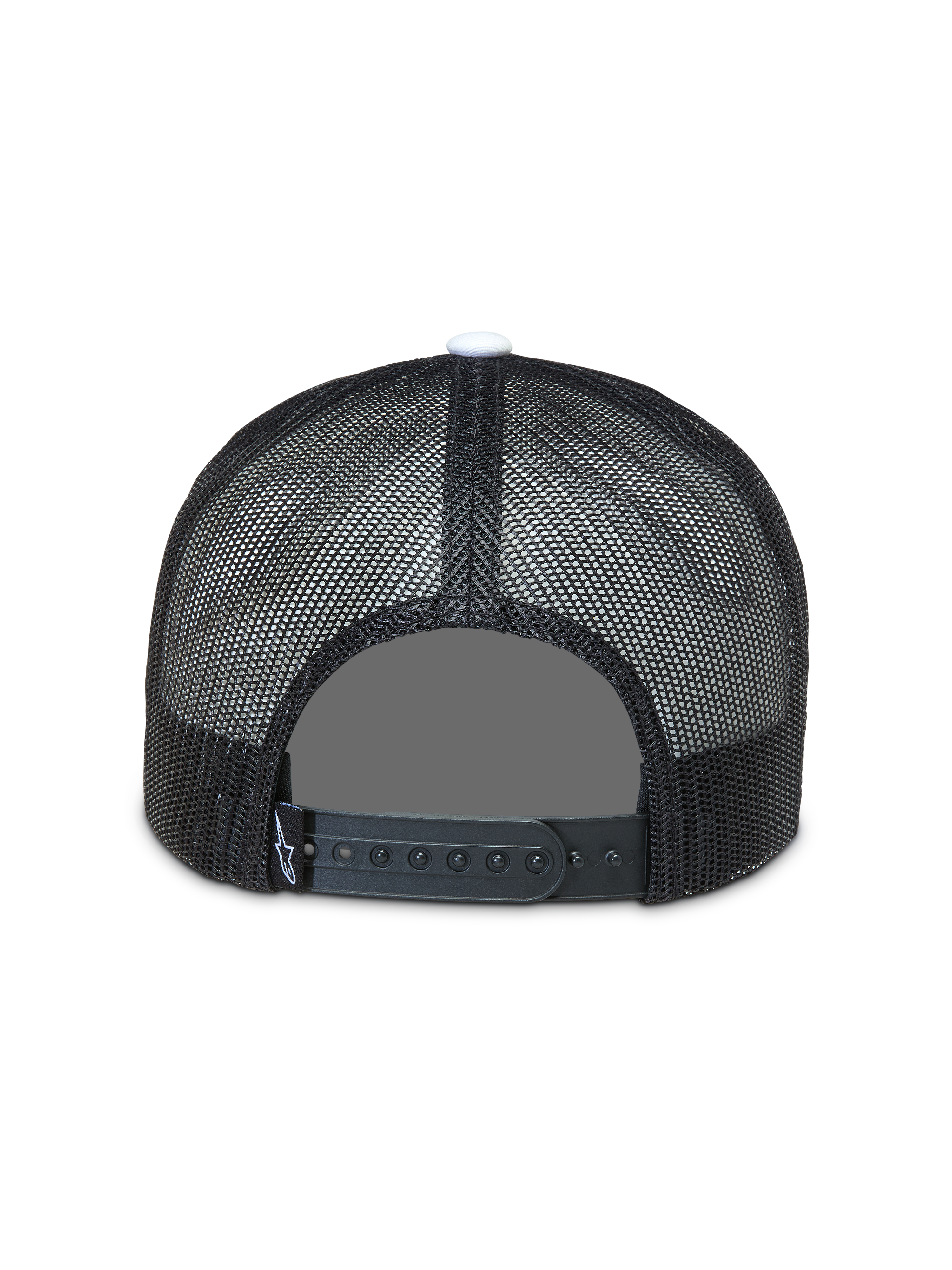 Alpinestars Gravel Trucker hoed, zwarte pet met ademende mesh achterzijde en verstelbare snapback-sluiting.