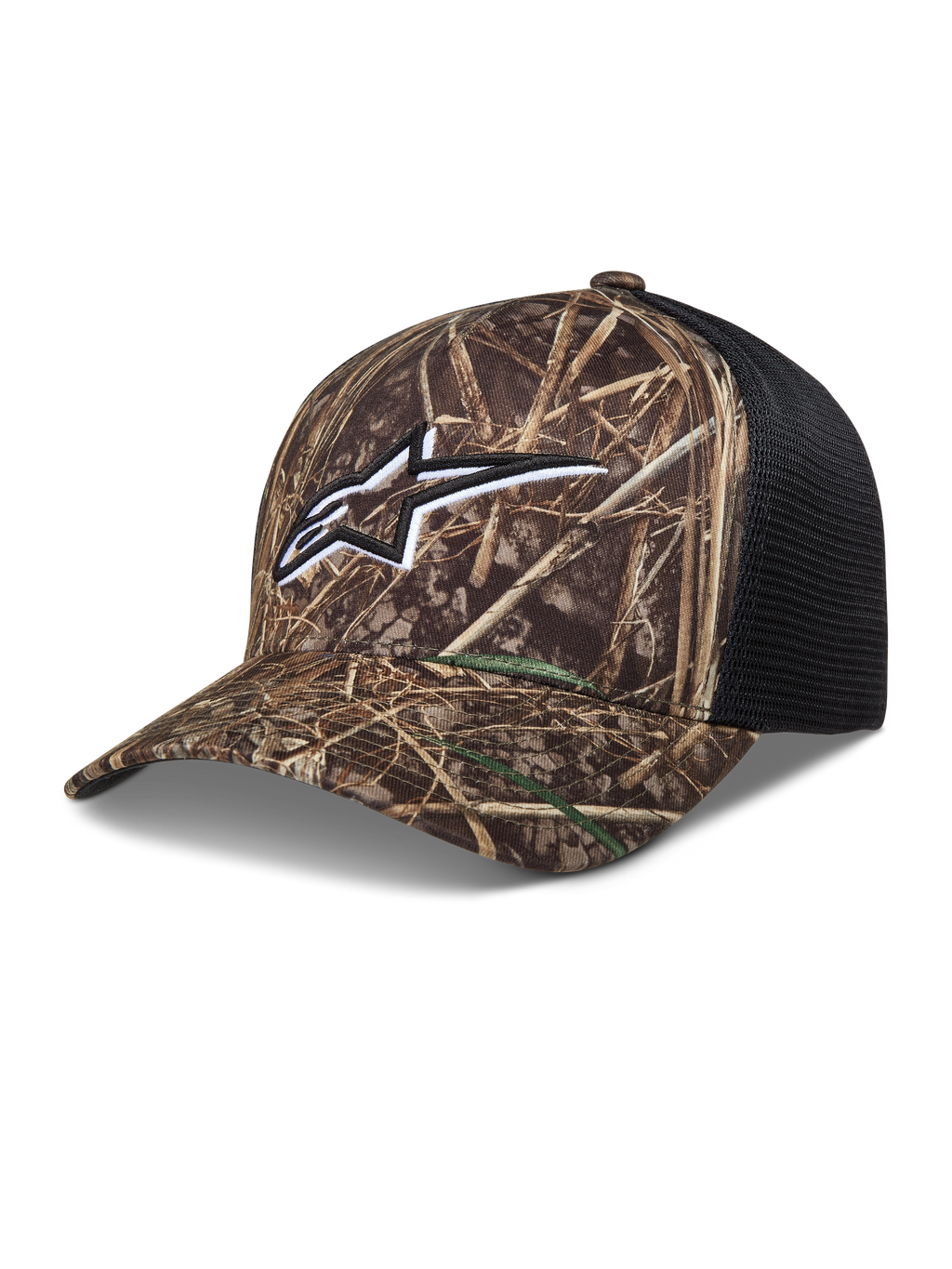 Alpinestars Thicket Realtree trucker pet, camouflage en zwart, met geborduurd Astars-logo en ademende mesh-achterkant.