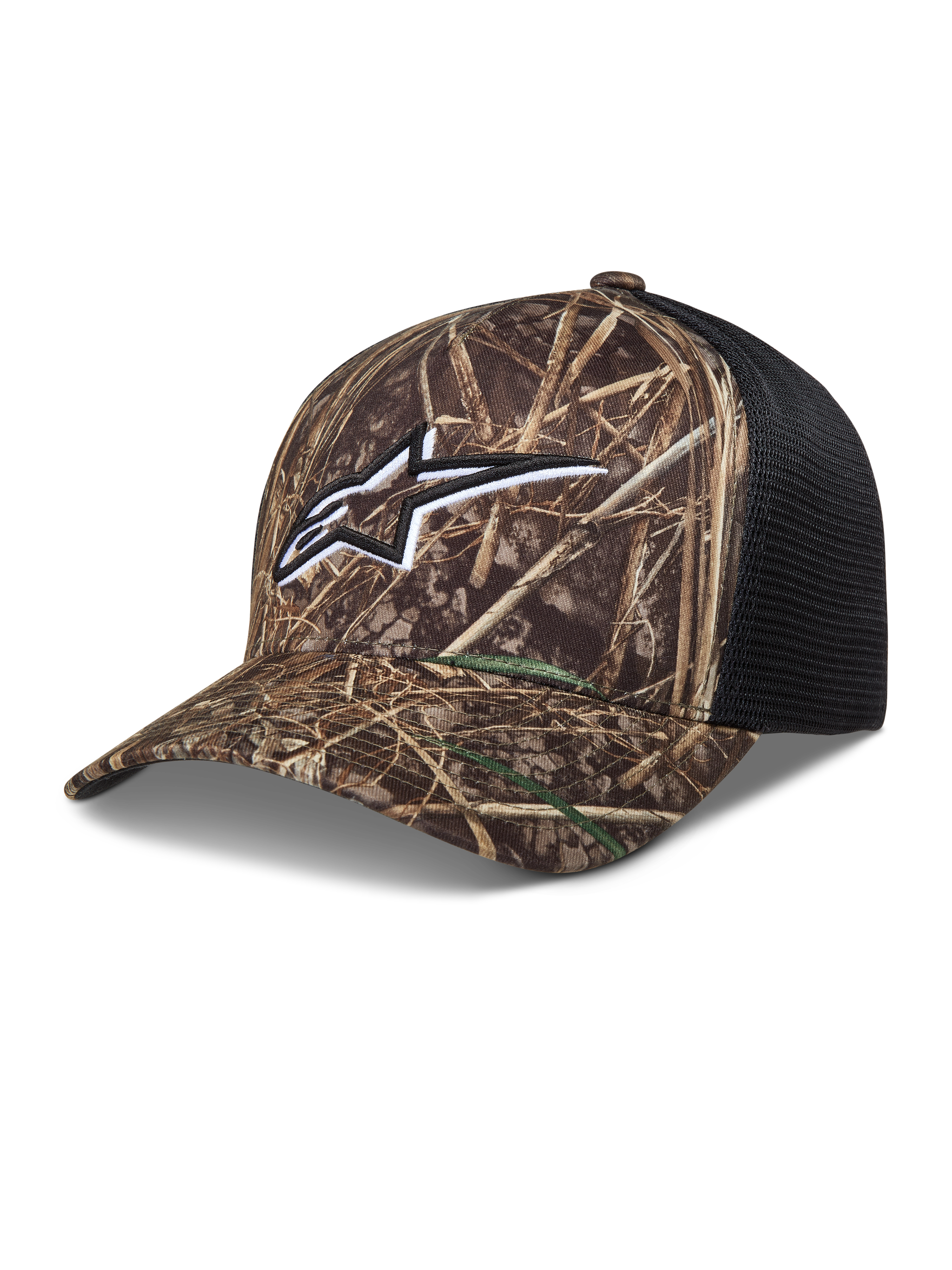 Alpinestars Thicket Realtree trucker pet, camouflage en zwart, met geborduurd Astars-logo en ademende mesh-achterkant.