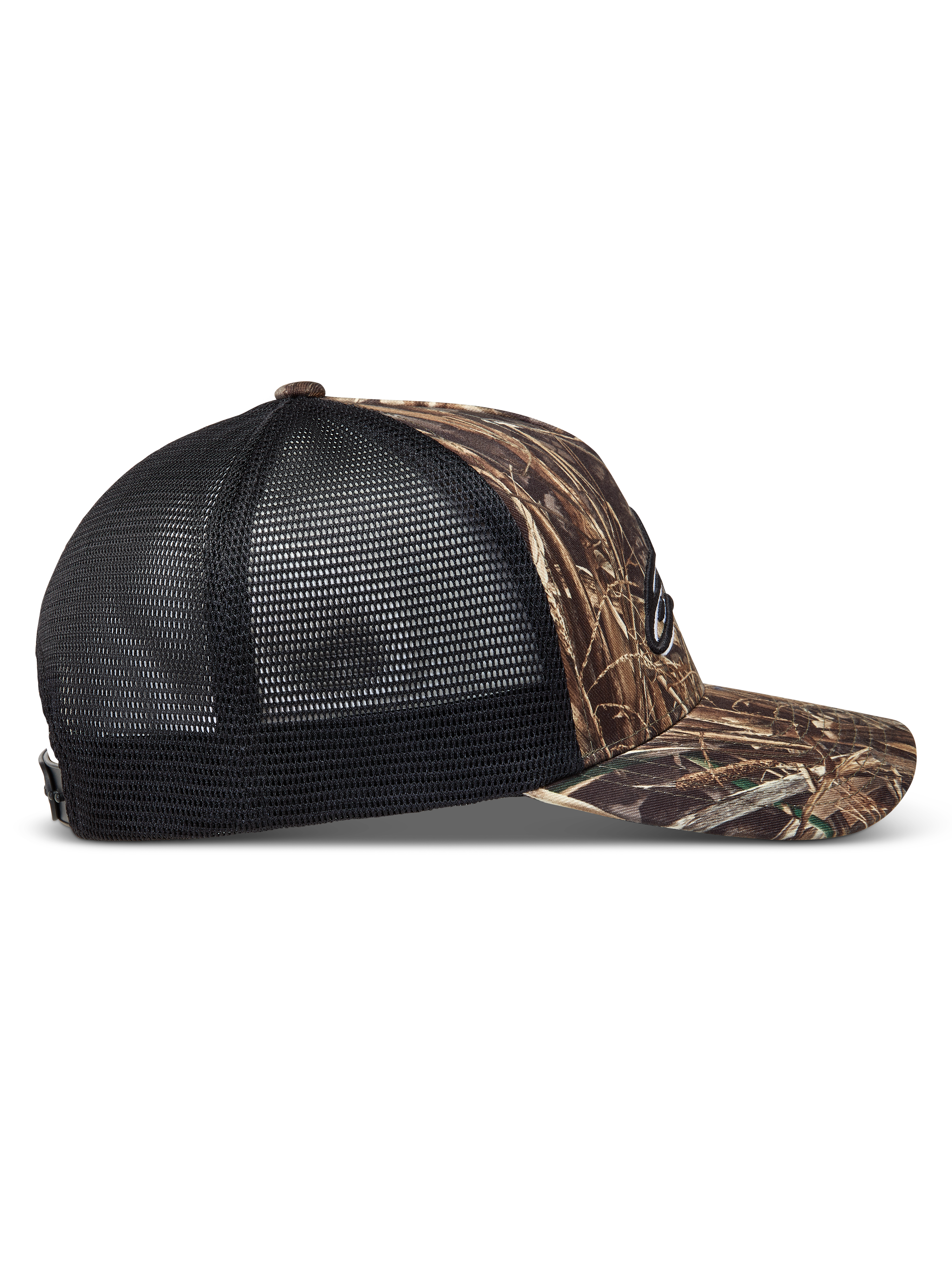 Alpinestars Thicket Realtree Trucker pet, camo en zwart, zijaanzicht met gebogen klep en ademende mesh achterkant.