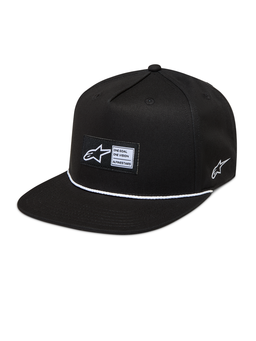 Alpinestars Label Snapback hoed, zwarte pet met platte klep, wit koorddetail en geweven patch, sportswear.
