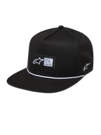 Alpinestars Label Snapback hoed, zwarte pet met platte klep, wit koorddetail en geweven patch, sportswear.