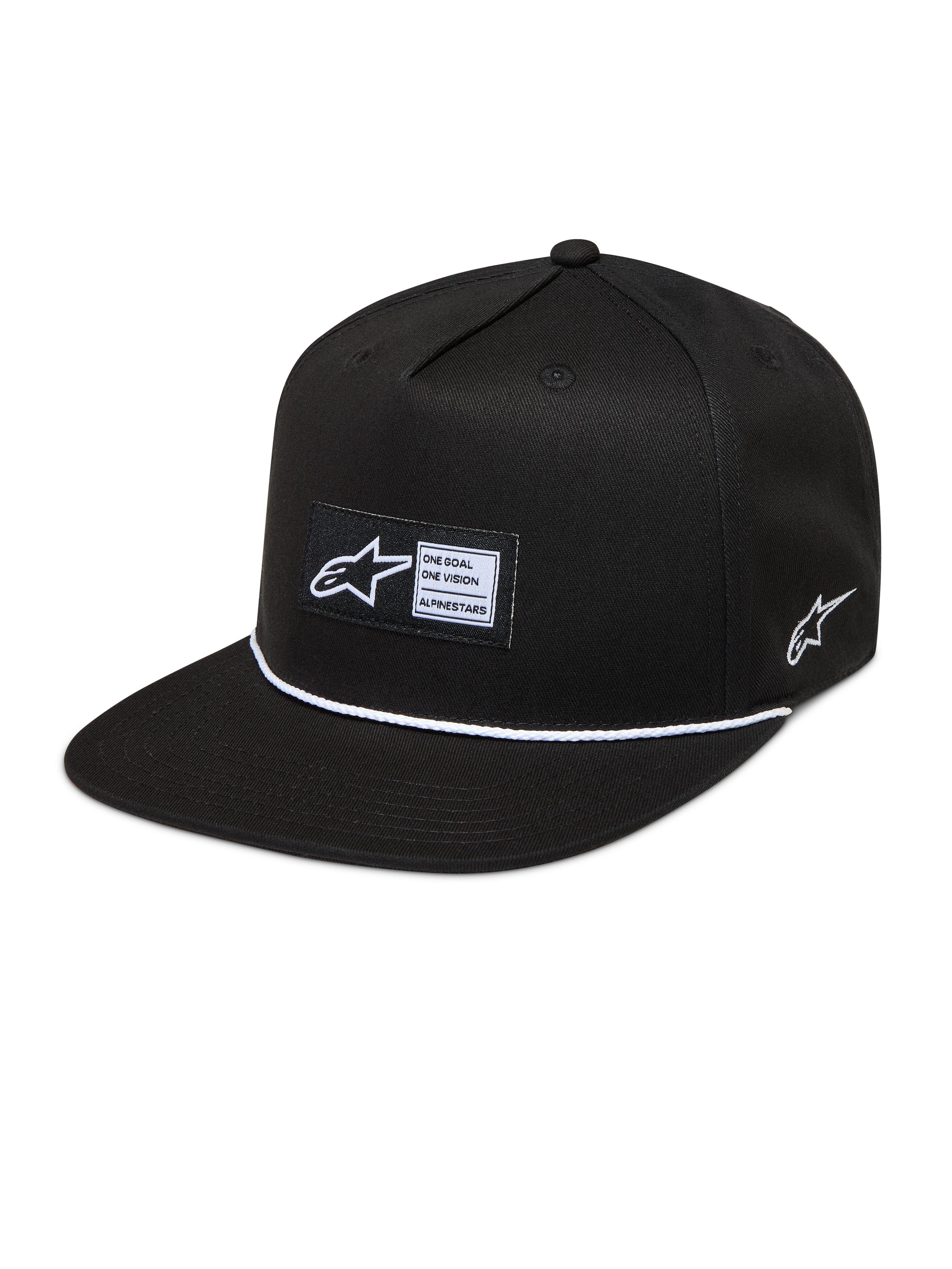 Alpinestars Label Snapback hoed, zwarte pet met platte klep, wit koorddetail en geweven patch, sportswear.