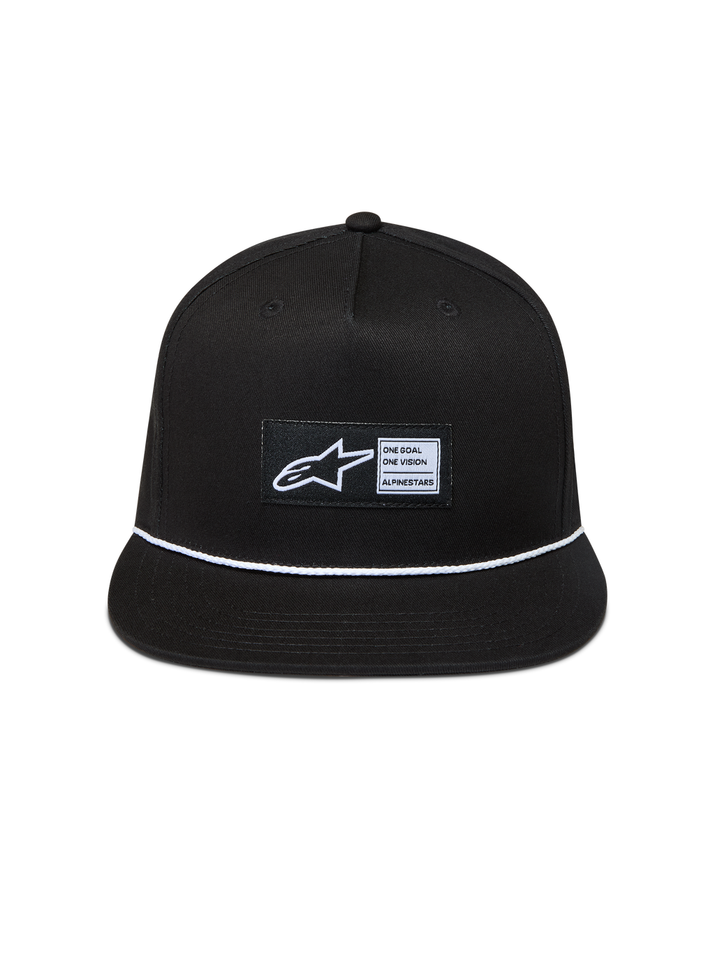 Alpinestars Label Snapback hoed, zwarte keperstof pet met platte klep, wit gevlochten koord en geweven Astars-logo.