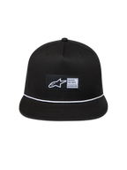Alpinestars Label Snapback hoed, zwarte keperstof pet met platte klep, wit gevlochten koord en geweven Astars-logo.
