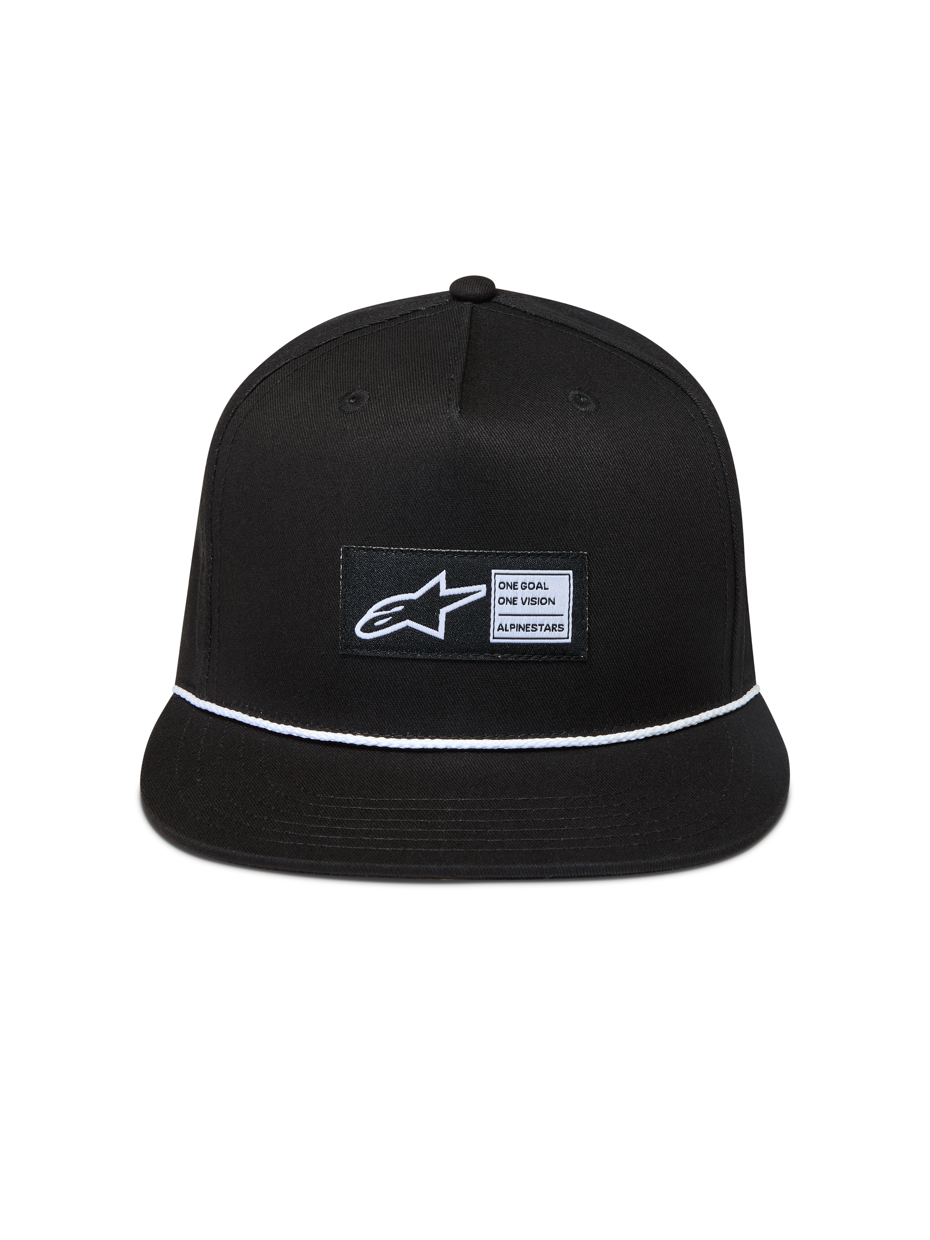 Alpinestars Label Snapback hoed, zwarte keperstof pet met platte klep, wit gevlochten koord en geweven Astars-logo.