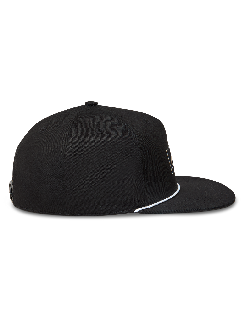 Alpinestars Label Snapback hoed, zwarte pet met platte klep, gestructureerde kroon en wit koord, zijprofiel.