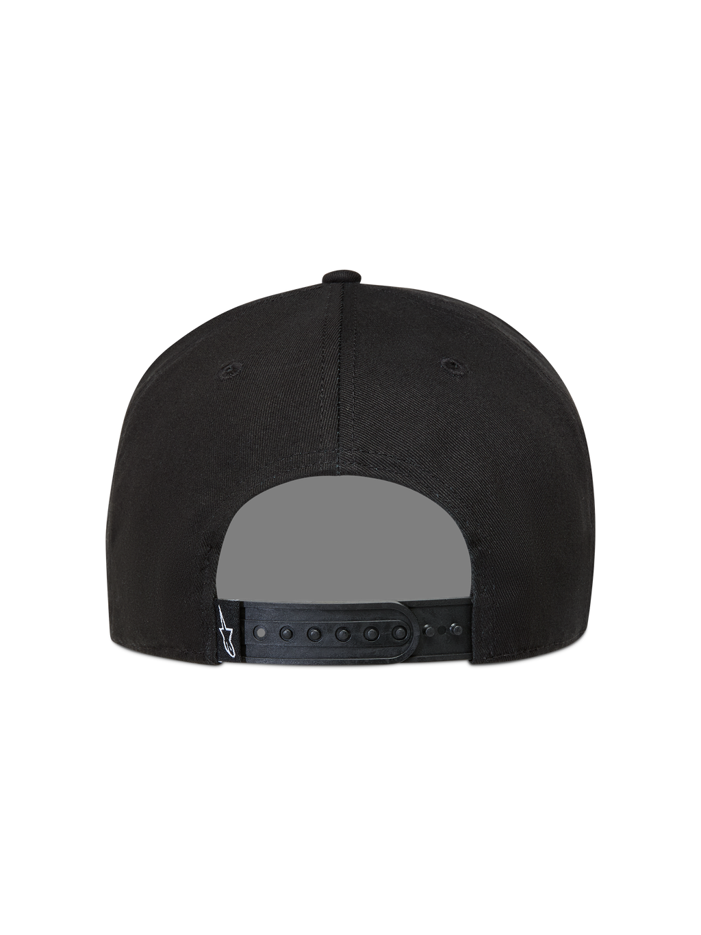 Alpinestars Label Snapback hoed, zwarte pet, achteraanzicht met verstelbare snapback-sluiting en wit Astars-logo label.