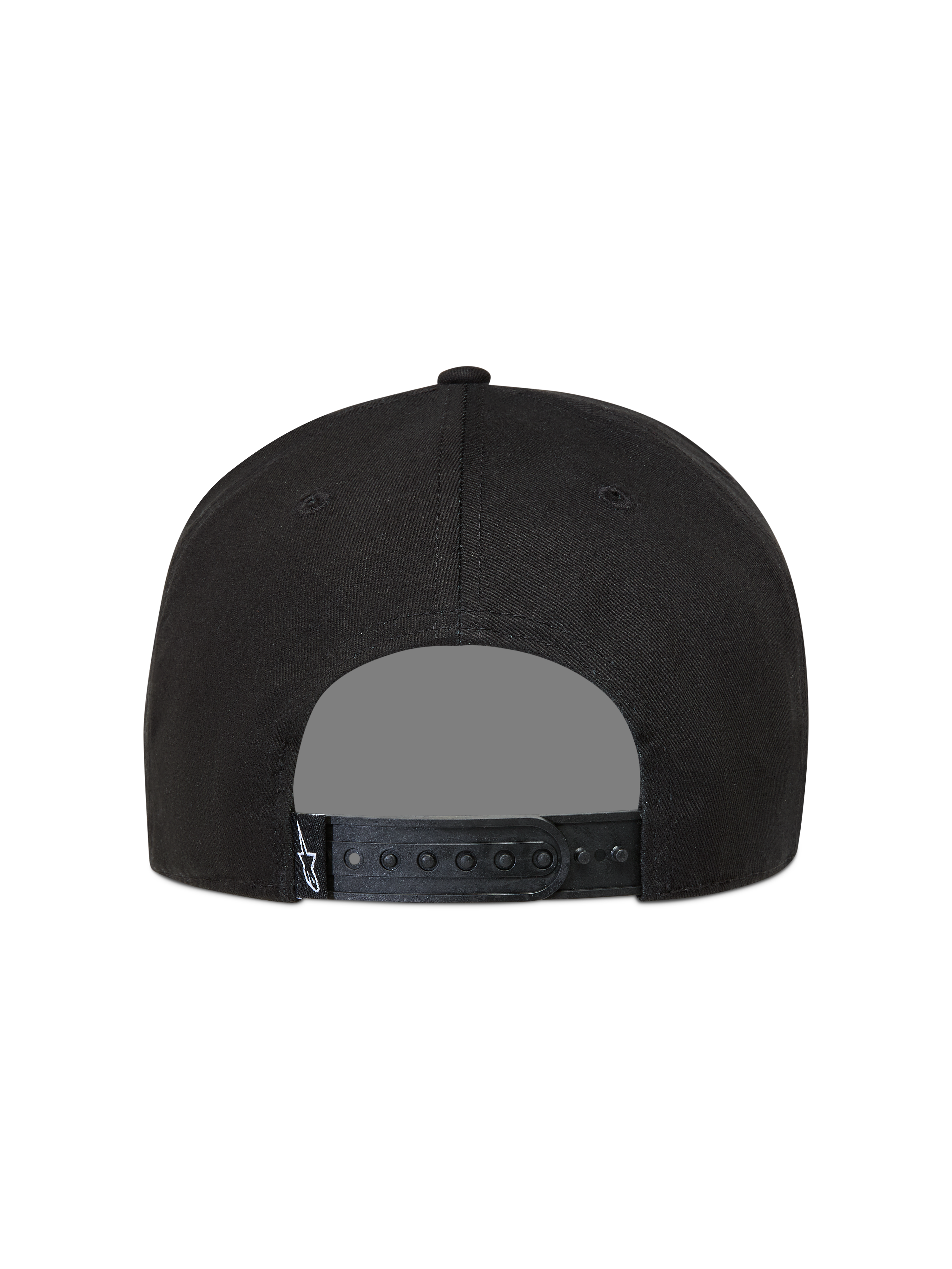 Alpinestars Label Snapback hoed, zwarte pet, achteraanzicht met verstelbare snapback-sluiting en wit Astars-logo label.