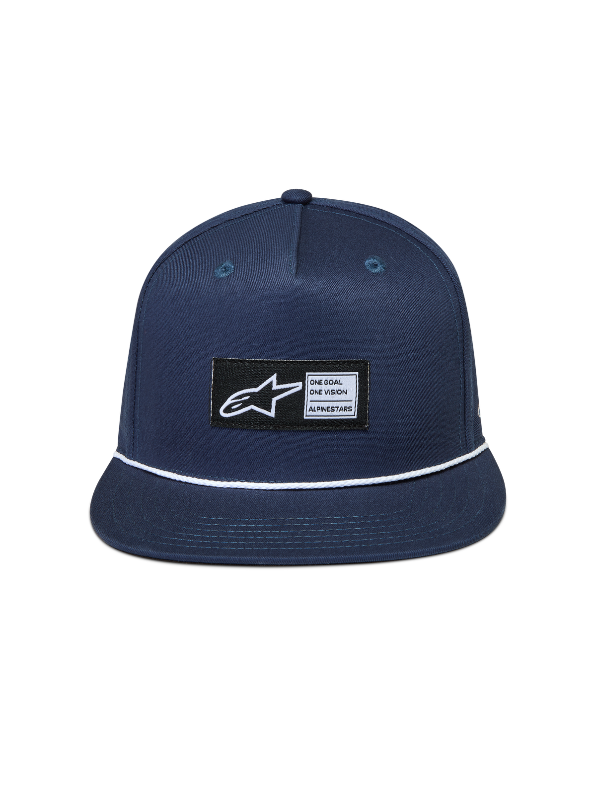 Alpinestars Label Snapback hoed, marineblauwe pet van keperstof met platte klep, wit koorddetail en geweven logopatch.