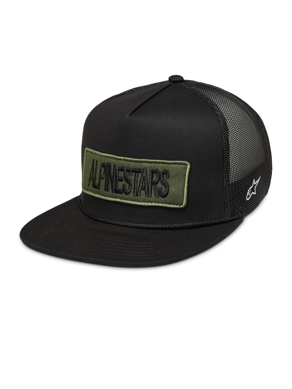 Alpinestars Ten Trucker pet, zwarte sportswear pet met olijfgroene geborduurde logopatch, wit zijlogo en mesh achterkant.