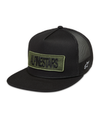 Alpinestars Ten Trucker pet, zwarte sportswear pet met olijfgroene geborduurde logopatch, wit zijlogo en mesh achterkant.