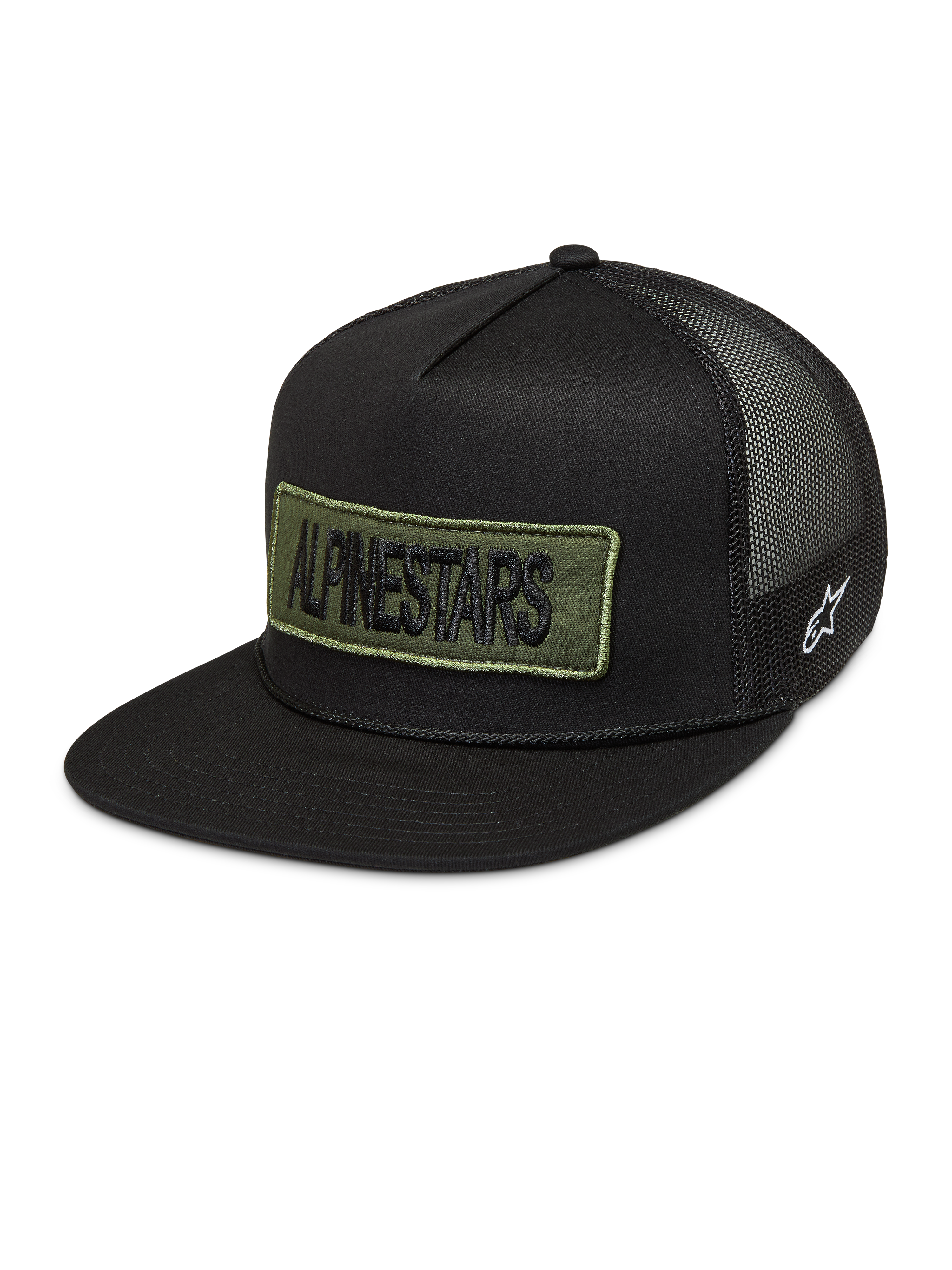 Alpinestars Ten Trucker pet, zwarte sportswear pet met olijfgroene geborduurde logopatch, wit zijlogo en mesh achterkant.
