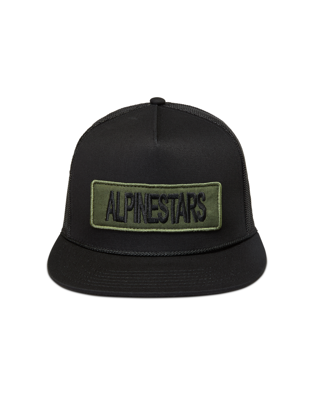 Alpinestars Ten Trucker pet, zwarte mesh pet met platte klep en een olijfgroene geborduurde logopatch, casual sportswear.