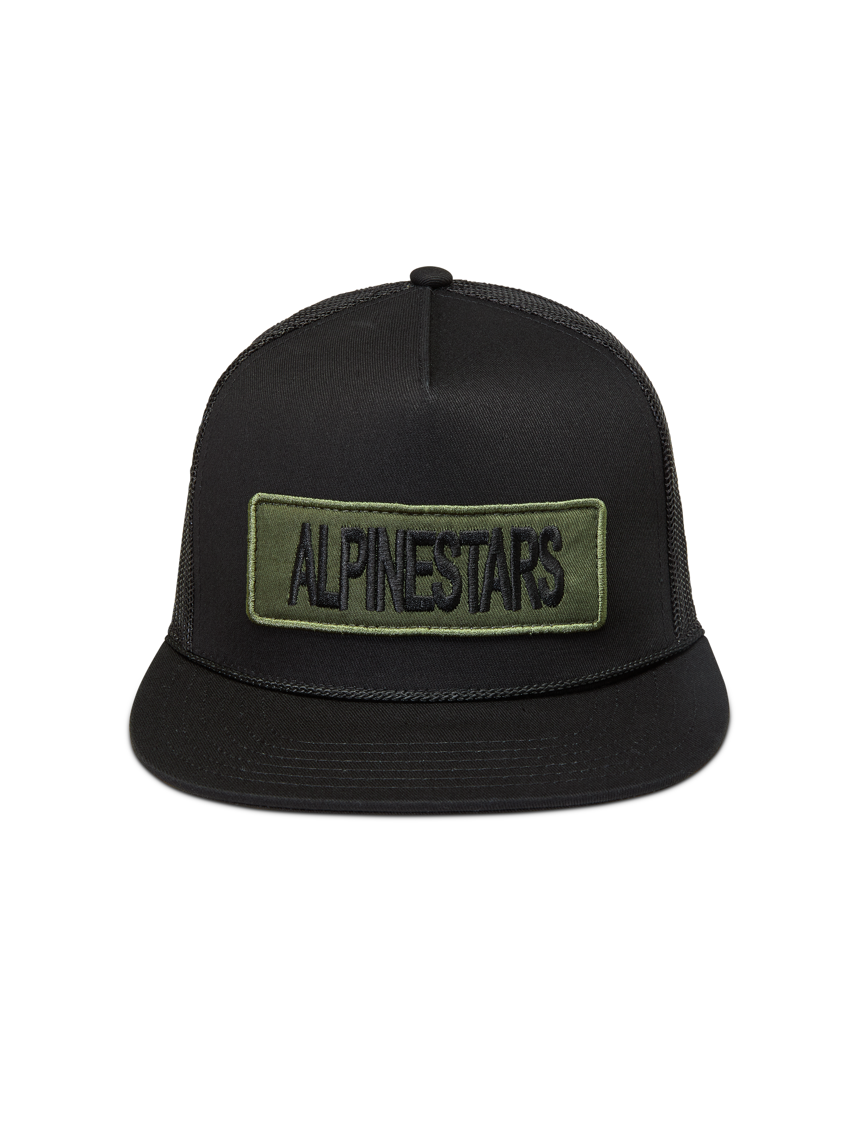 Alpinestars Ten Trucker pet, zwarte mesh pet met platte klep en een olijfgroene geborduurde logopatch, casual sportswear.