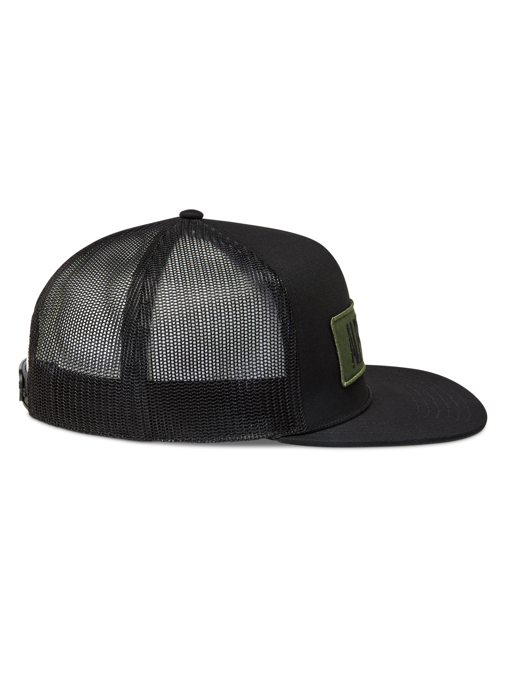 Alpinestars Ten Trucker pet, zwarte pet met ademende mesh achterkant, platte klep en olijfgroene logopatch.