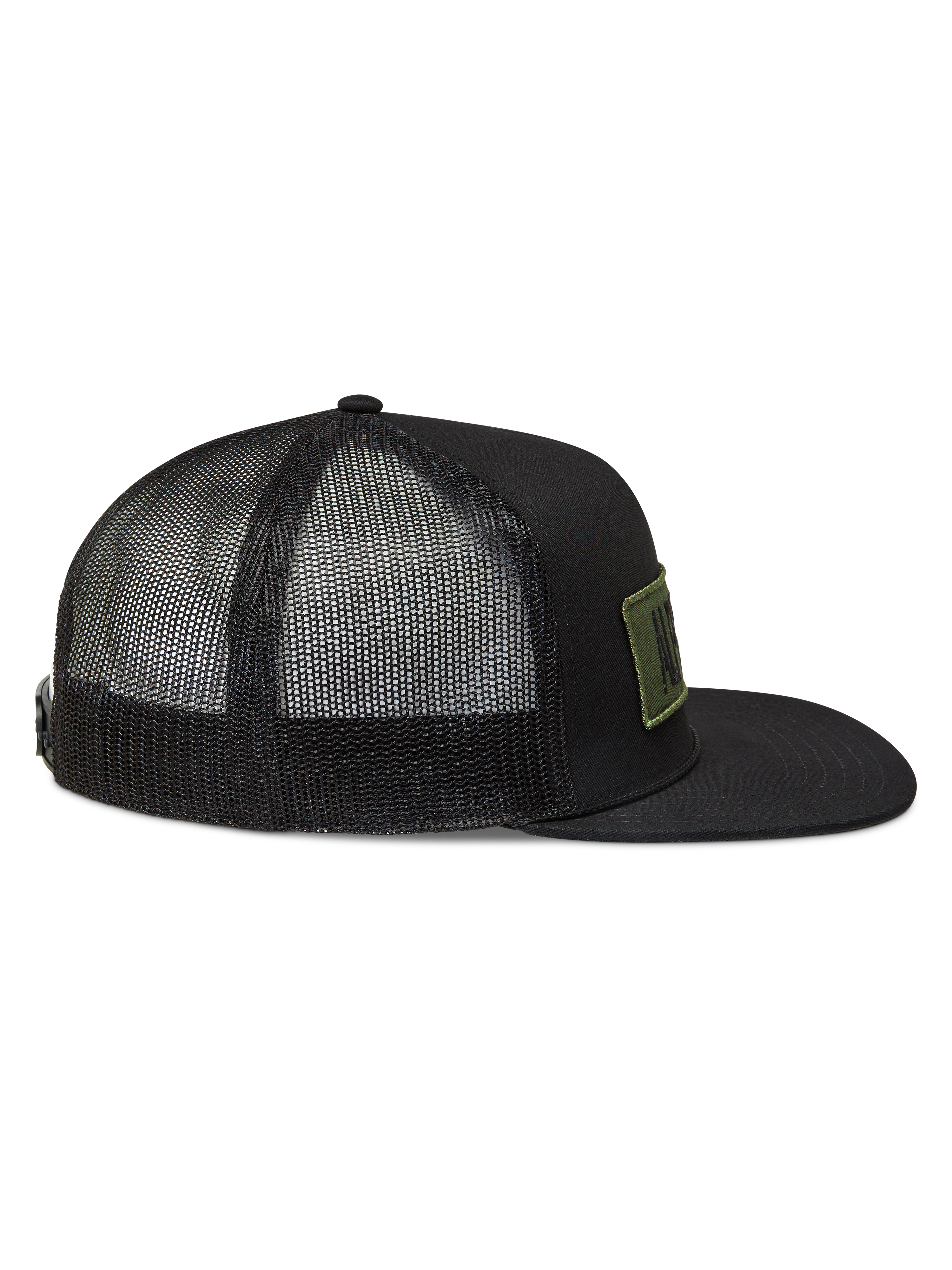 Alpinestars Ten Trucker pet, zwarte pet met ademende mesh achterkant, platte klep en olijfgroene logopatch.
