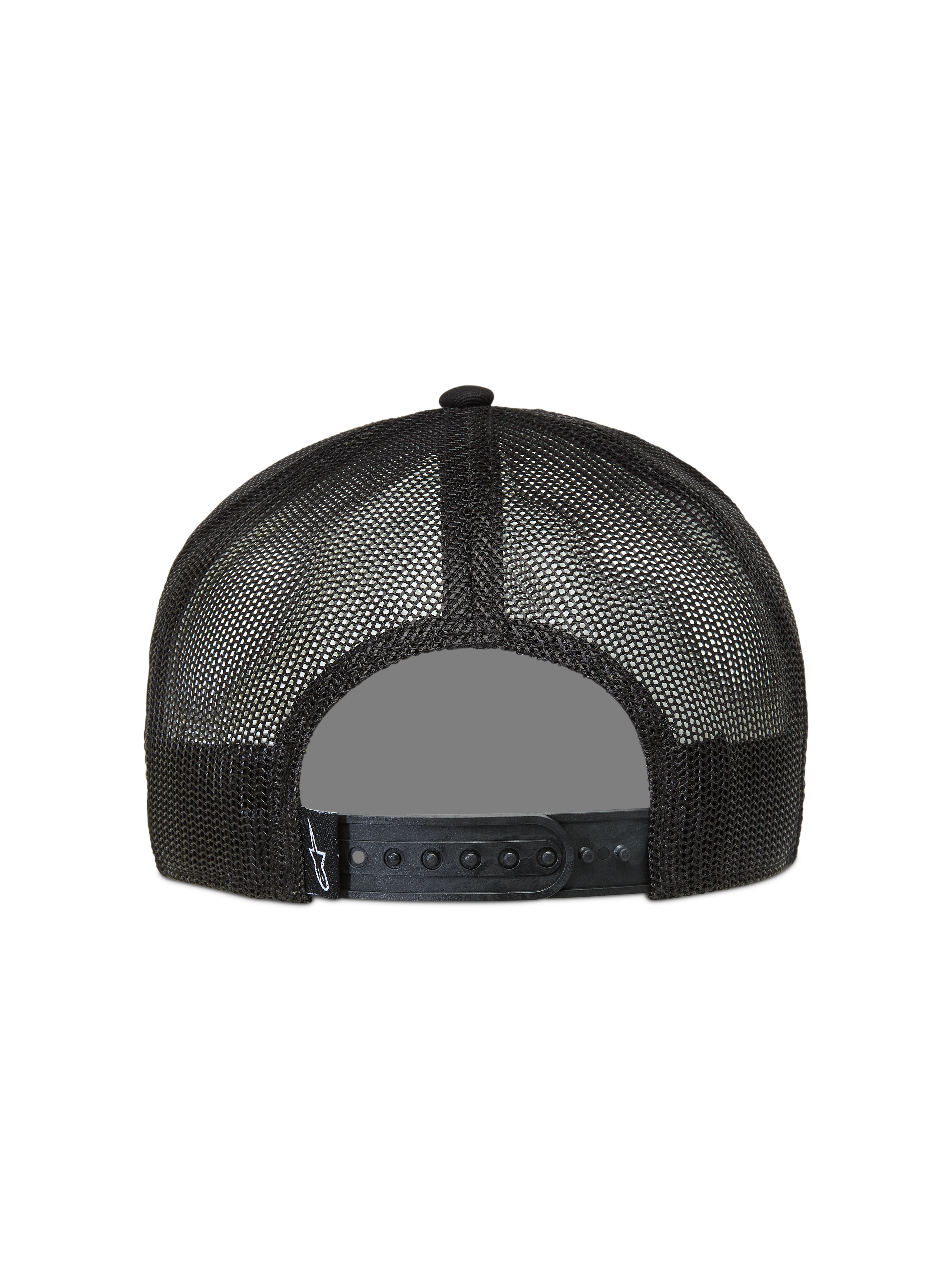 Alpinestars Ten Trucker pet, zwart, met ademend mesh en verstelbare snapback-sluiting, casual sportswear.