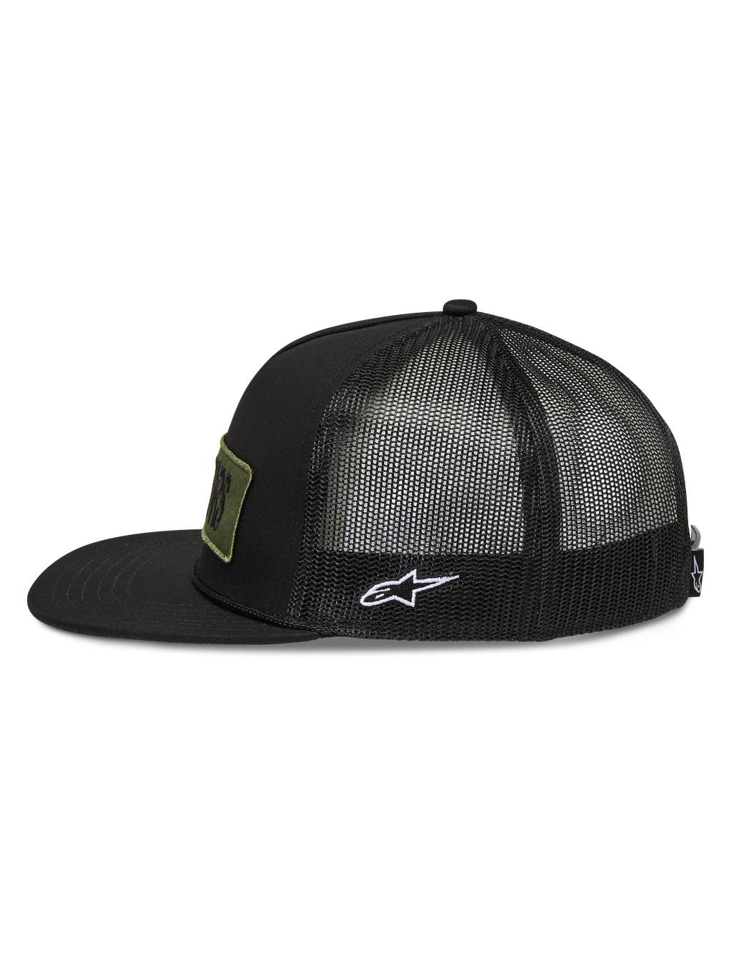 Alpinestars Ten Trucker hoed, zwarte trucker pet met platte klep, mesh achterkant en wit geborduurd Astars-logo.