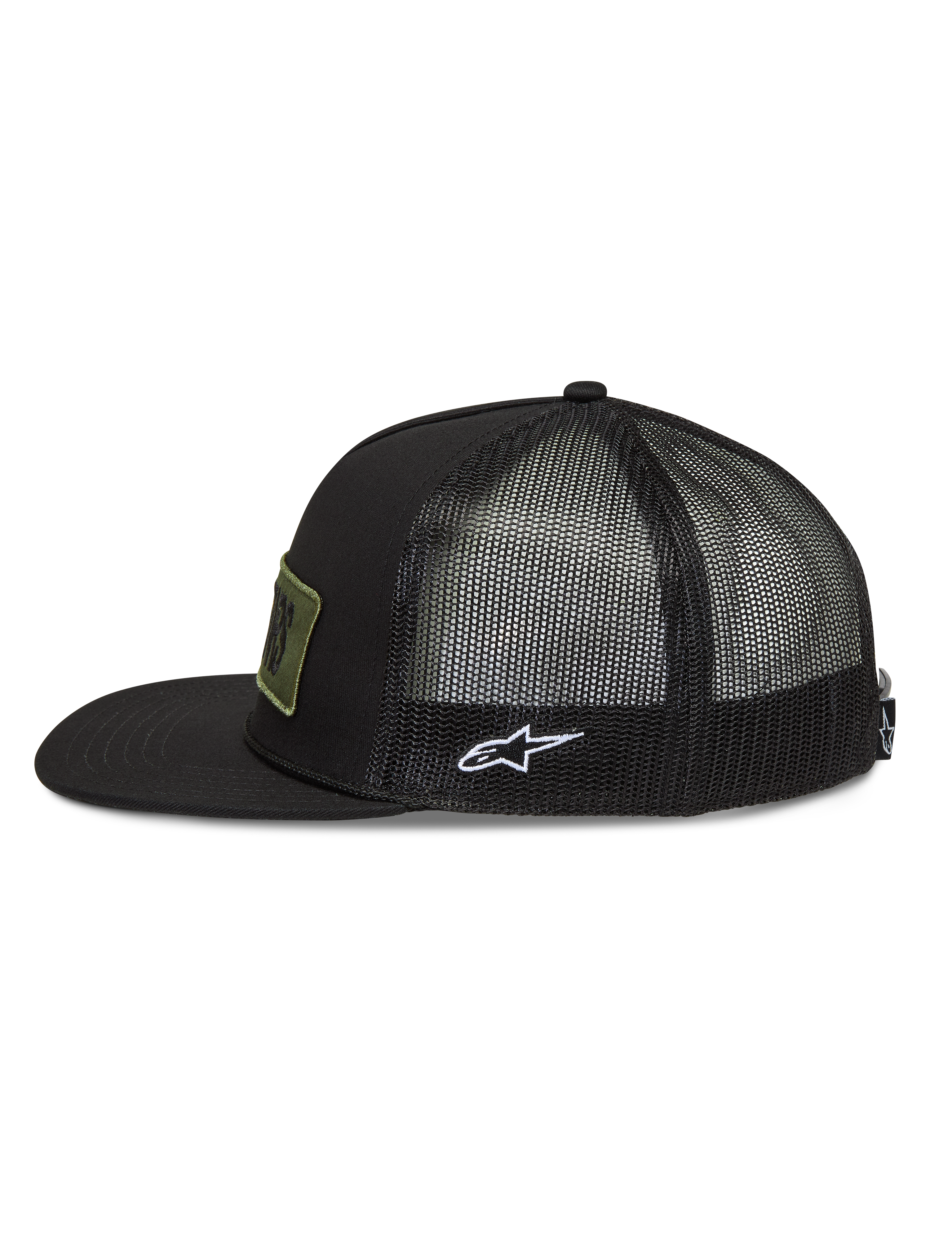 Alpinestars Ten Trucker hoed, zwarte trucker pet met platte klep, mesh achterkant en wit geborduurd Astars-logo.