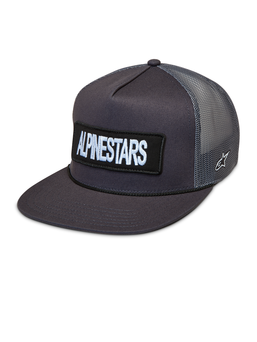 Alpinestars Ten Trucker pet, donkergrijze pet met platte klep, geborduurde logopatch en ademende mesh panelen.