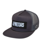 Alpinestars Ten Trucker pet, donkergrijze pet met platte klep, geborduurde logopatch en ademende mesh panelen.