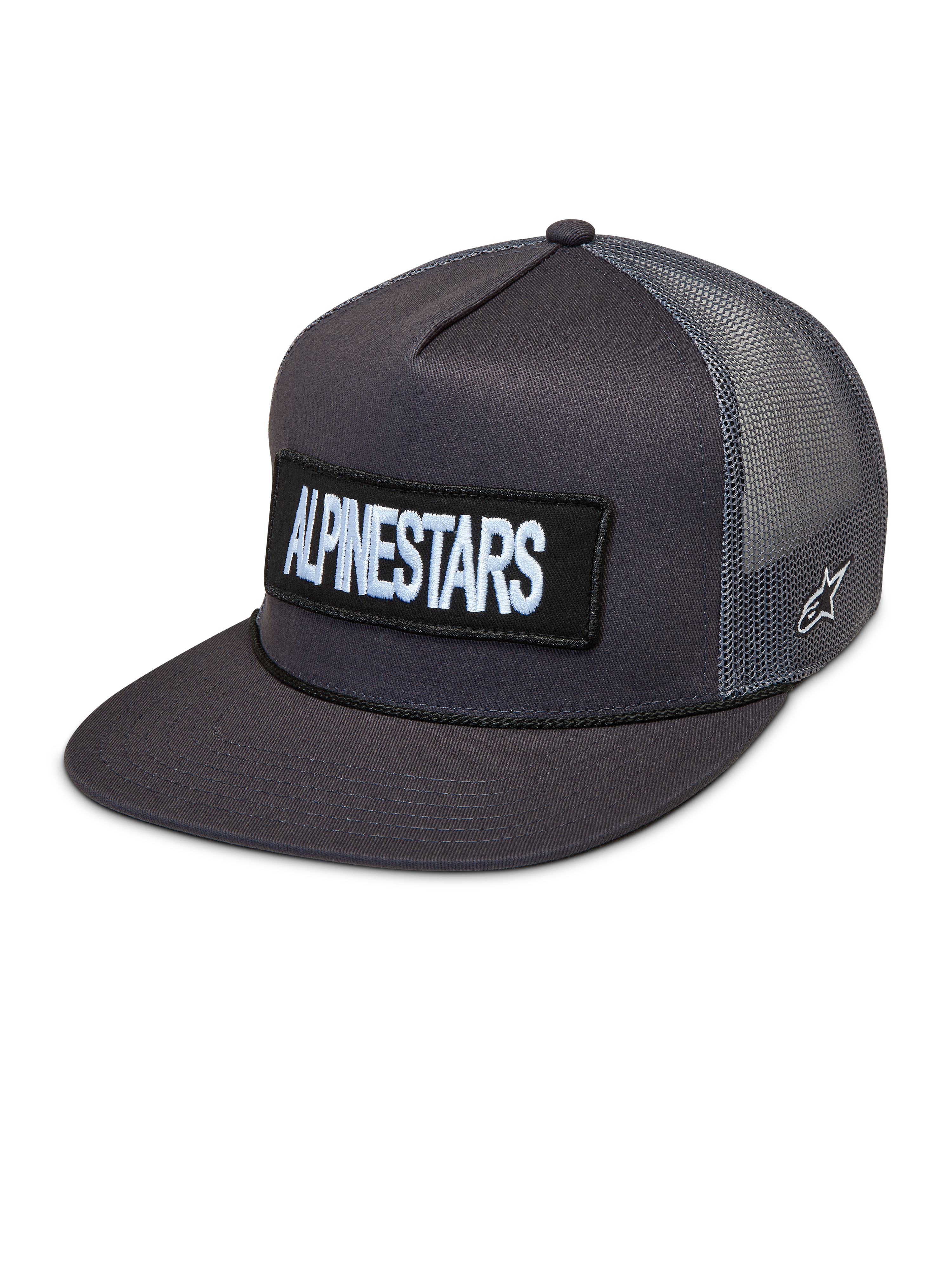 Alpinestars Ten Trucker pet, donkergrijze pet met platte klep, geborduurde logopatch en ademende mesh panelen.