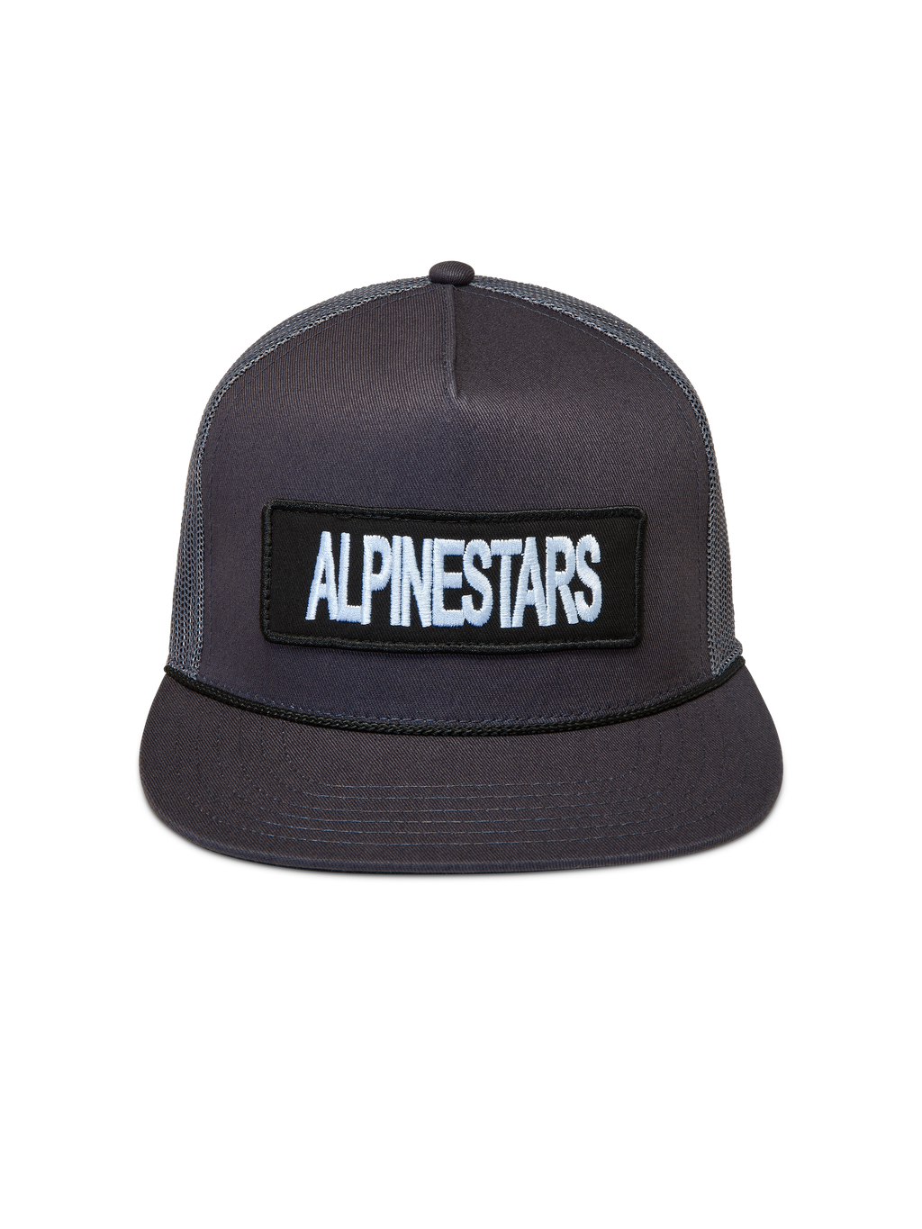 Alpinestars Ten Trucker pet, donkergrijs met gestructureerde kroon, platte klep en geborduurde logopatch.