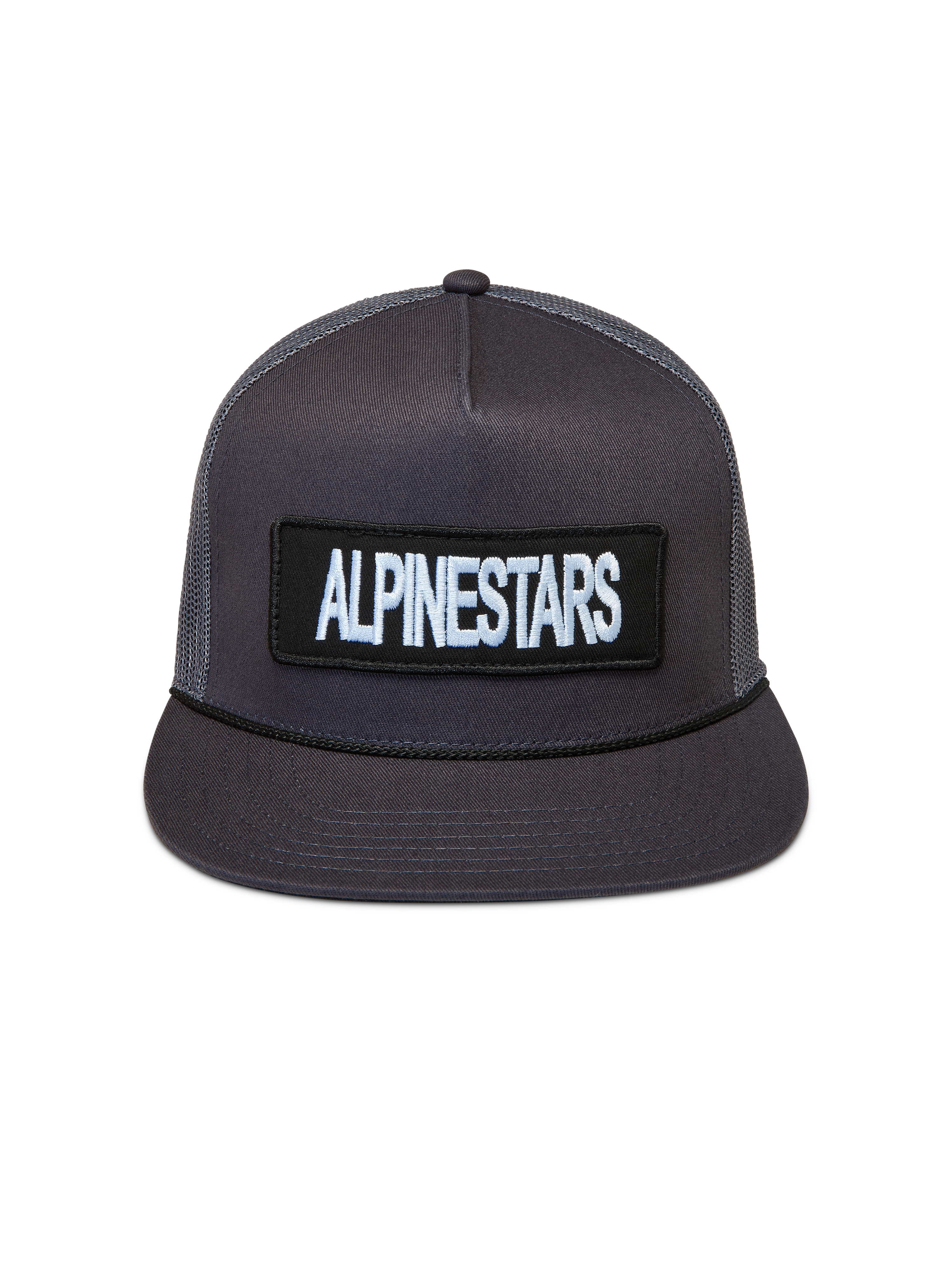 Alpinestars Ten Trucker pet, donkergrijs met gestructureerde kroon, platte klep en geborduurde logopatch.