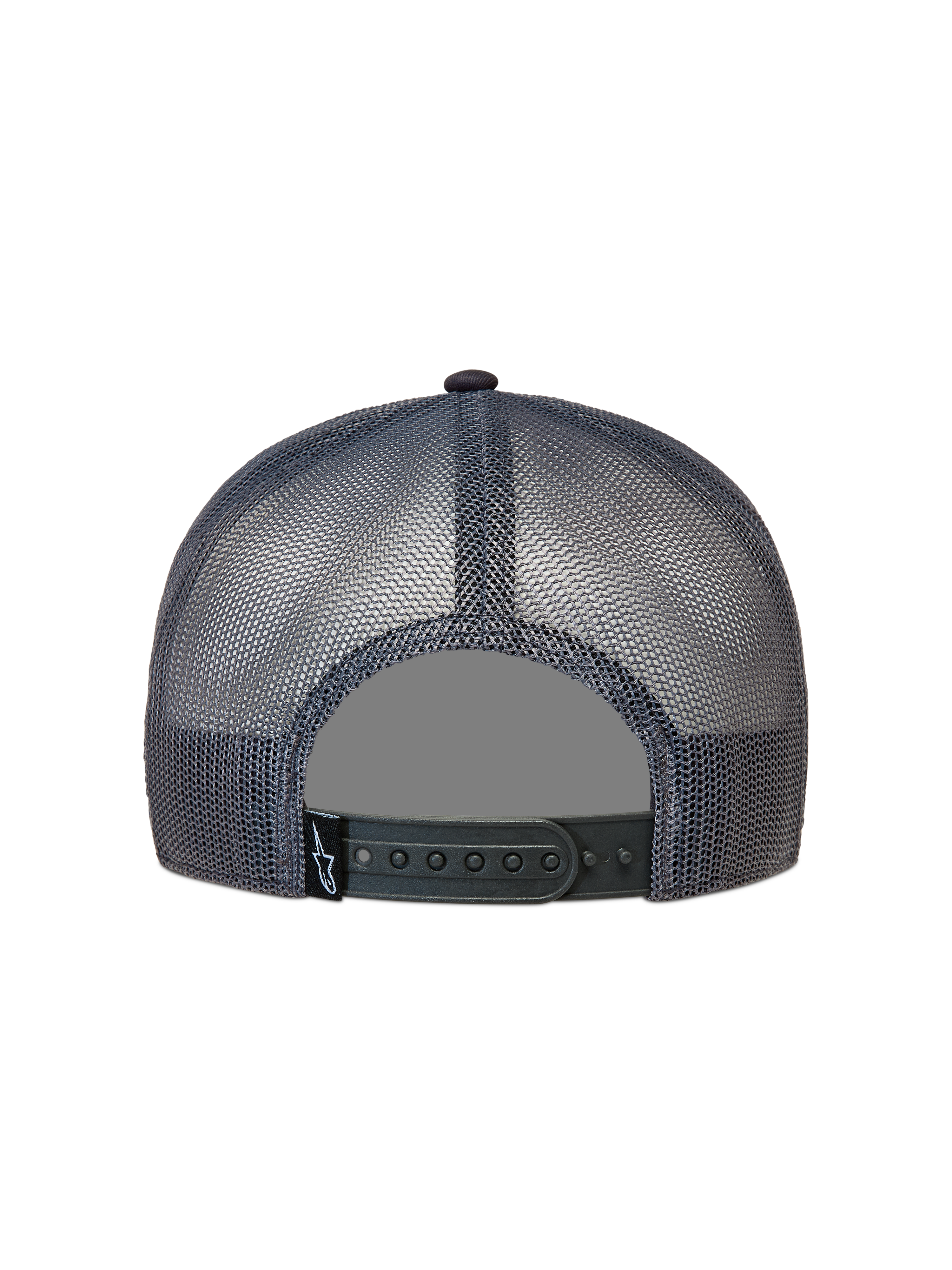 Alpinestars Ten Trucker pet, donkergrijze sportswear mesh pet met verstelbare snapback-sluiting en klein Astars-logolabel.