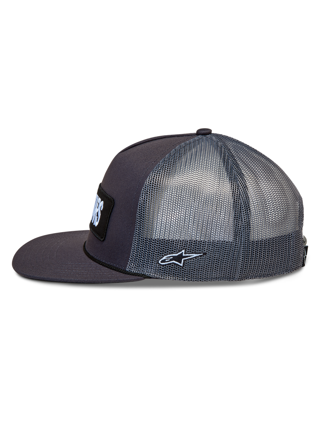 Alpinestars Ten Trucker hoed, donkergrijze pet met zijpanelen van mesh, platte klep en geborduurd Astars-logo op de zijkant, casual sportswear.