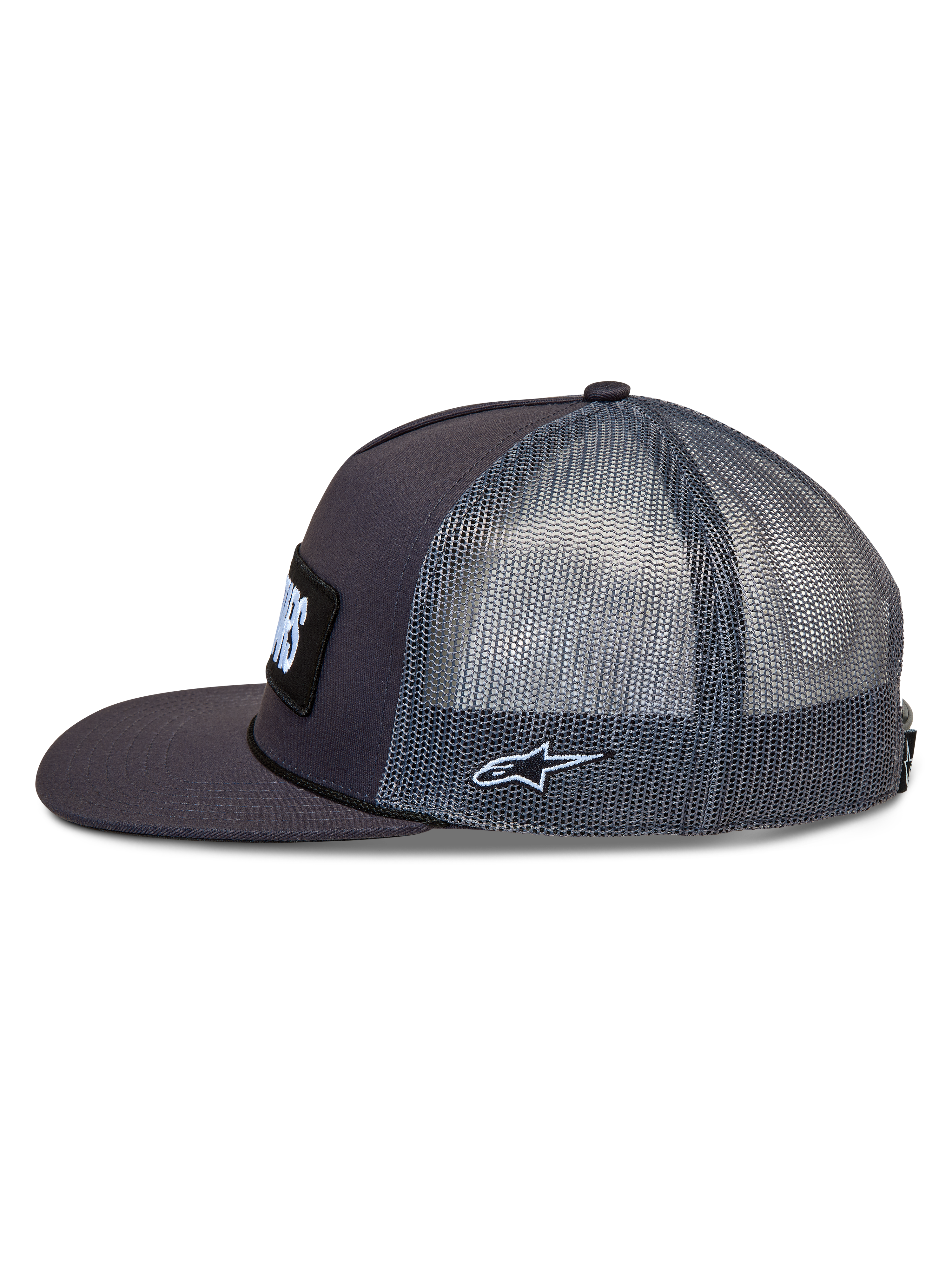 Alpinestars Ten Trucker hoed, donkergrijze pet met zijpanelen van mesh, platte klep en geborduurd Astars-logo op de zijkant, casual sportswear.