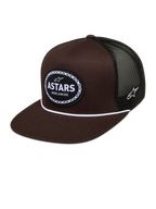 Alpinestars Hotlink Trucker pet, bruine en zwarte sportswear pet met mesh achterkant, platte klep en geweven logo patch.