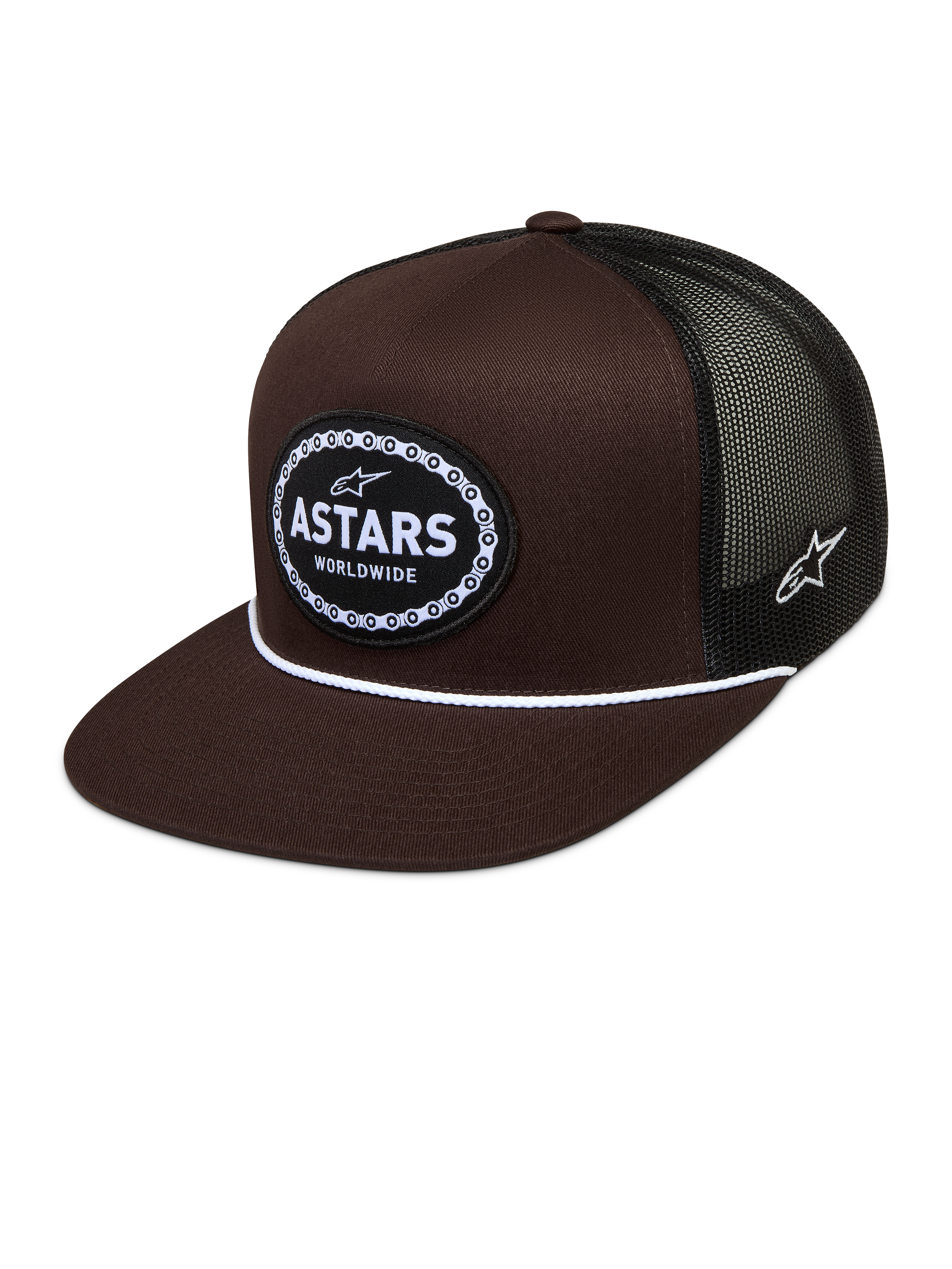 Alpinestars Hotlink Trucker pet, bruine en zwarte sportswear pet met mesh achterkant, platte klep en geweven logo patch.