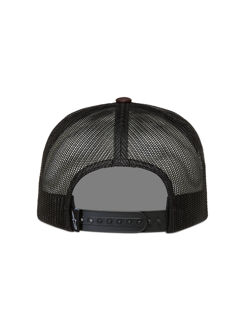 Alpinestars Hotlink Trucker hoed, zwarte en bruine mesh pet met verstelbare snapback-sluiting.