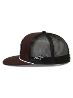 Alpinestars Hotlink Trucker hoed, trucker pet, bruin en zwart, platte klep, mesh achterkant met wit Astars-logo en touwdetail.