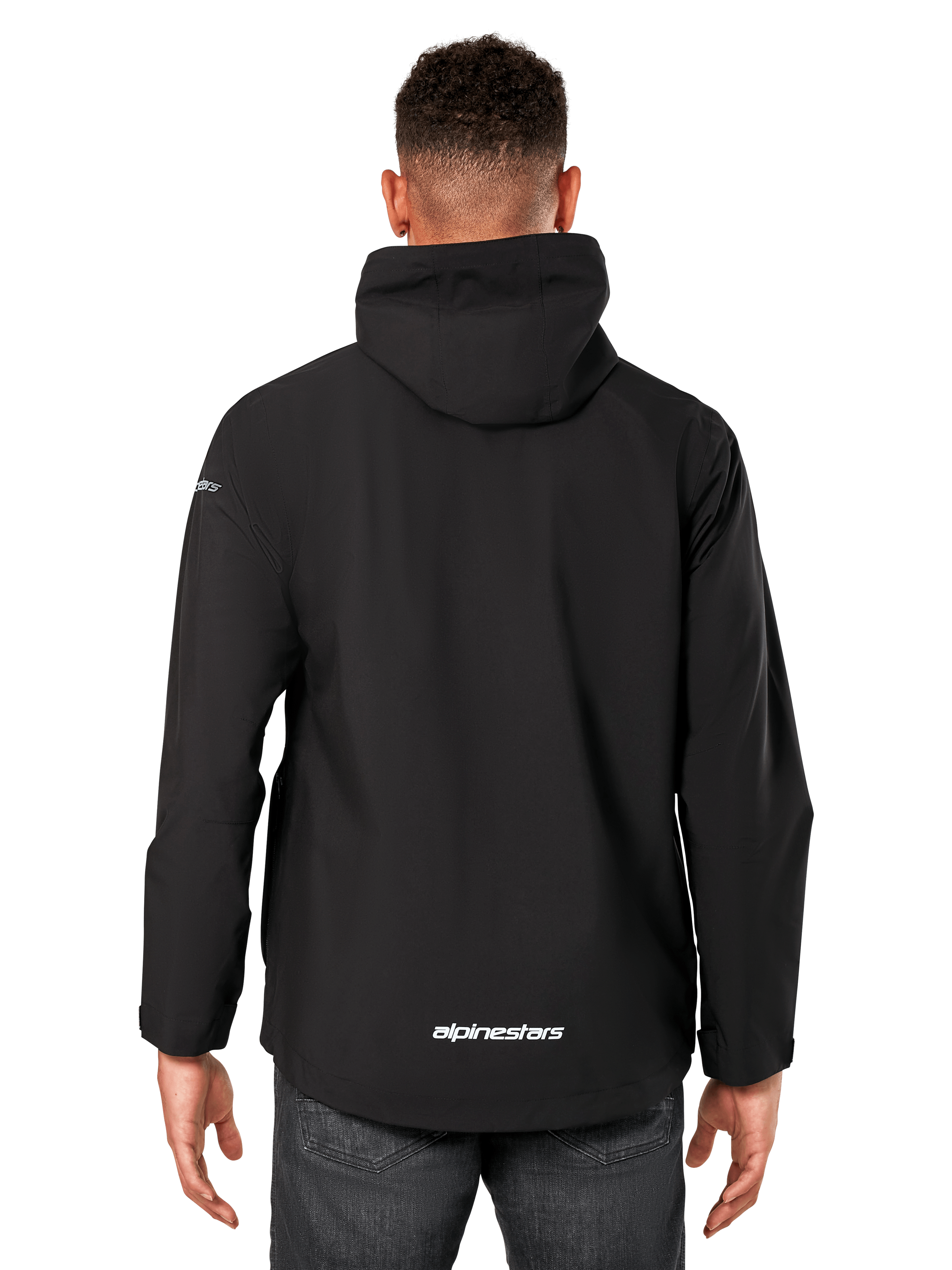 Alpinestars Kascade regenjas, regenjas voor heren, zwart, achteraanzicht met vaste capuchon en Alpinestars-logo op de onderrug, casual waterdichte sportkleding