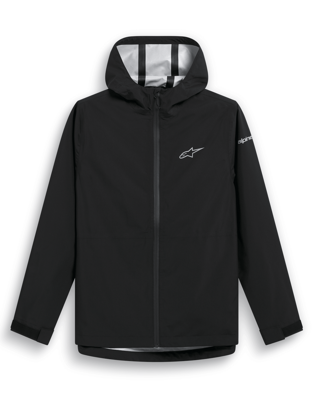Alpinestars Kascade Regenjas, zwarte regenjas, waterbestendige 2.5L-stof met getapete naden, vaste capuchon, gecoate omgekeerde spiraalrits, klittenbandsluitingen bij de manchetten, wit Alpinestars-sterlogo op de borst en merkaanduiding op de mouw, casual regenkleding