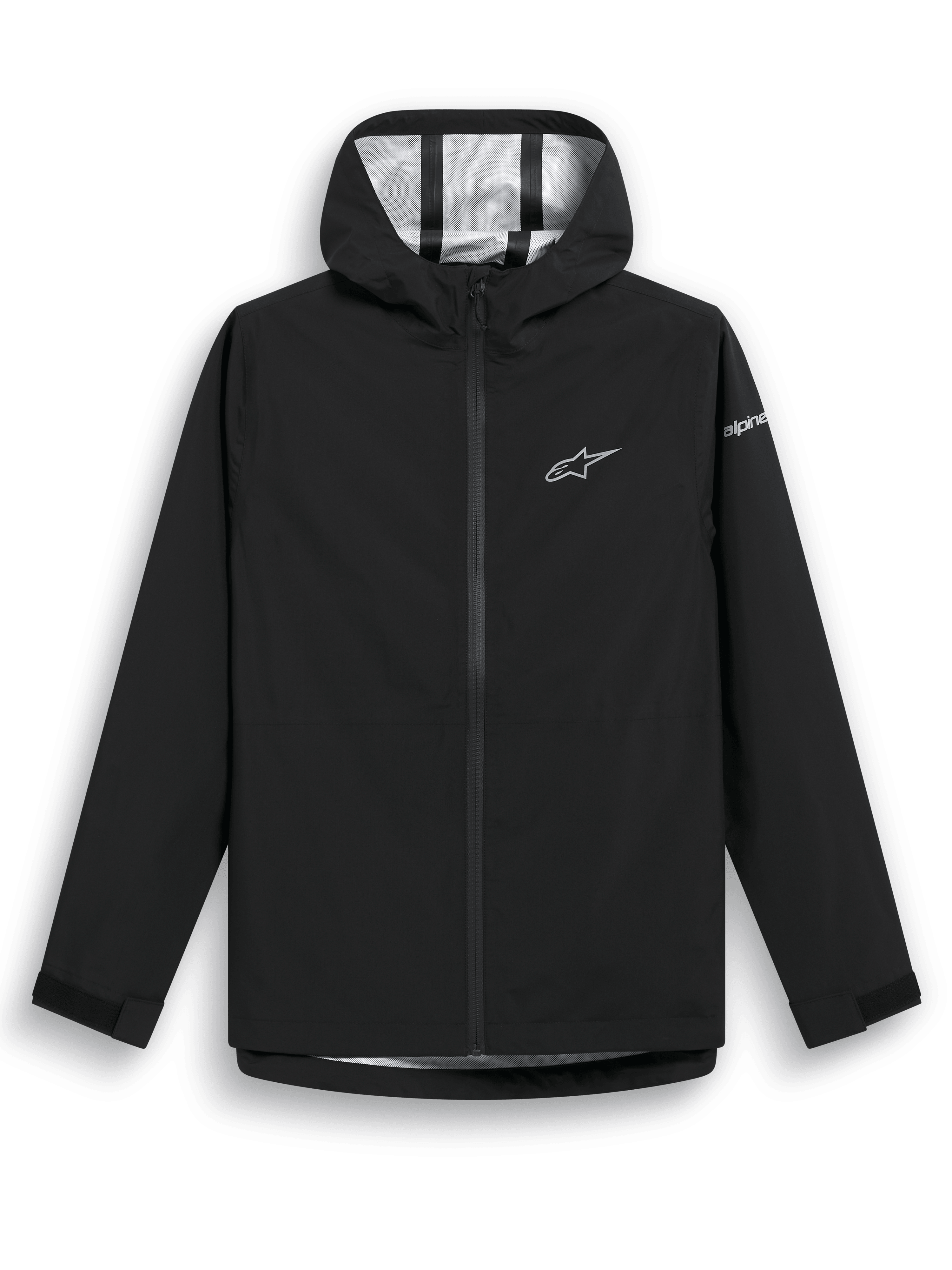 Alpinestars Kascade Regenjas, zwarte regenjas, waterbestendige 2.5L-stof met getapete naden, vaste capuchon, gecoate omgekeerde spiraalrits, klittenbandsluitingen bij de manchetten, wit Alpinestars-sterlogo op de borst en merkaanduiding op de mouw, casual regenkleding