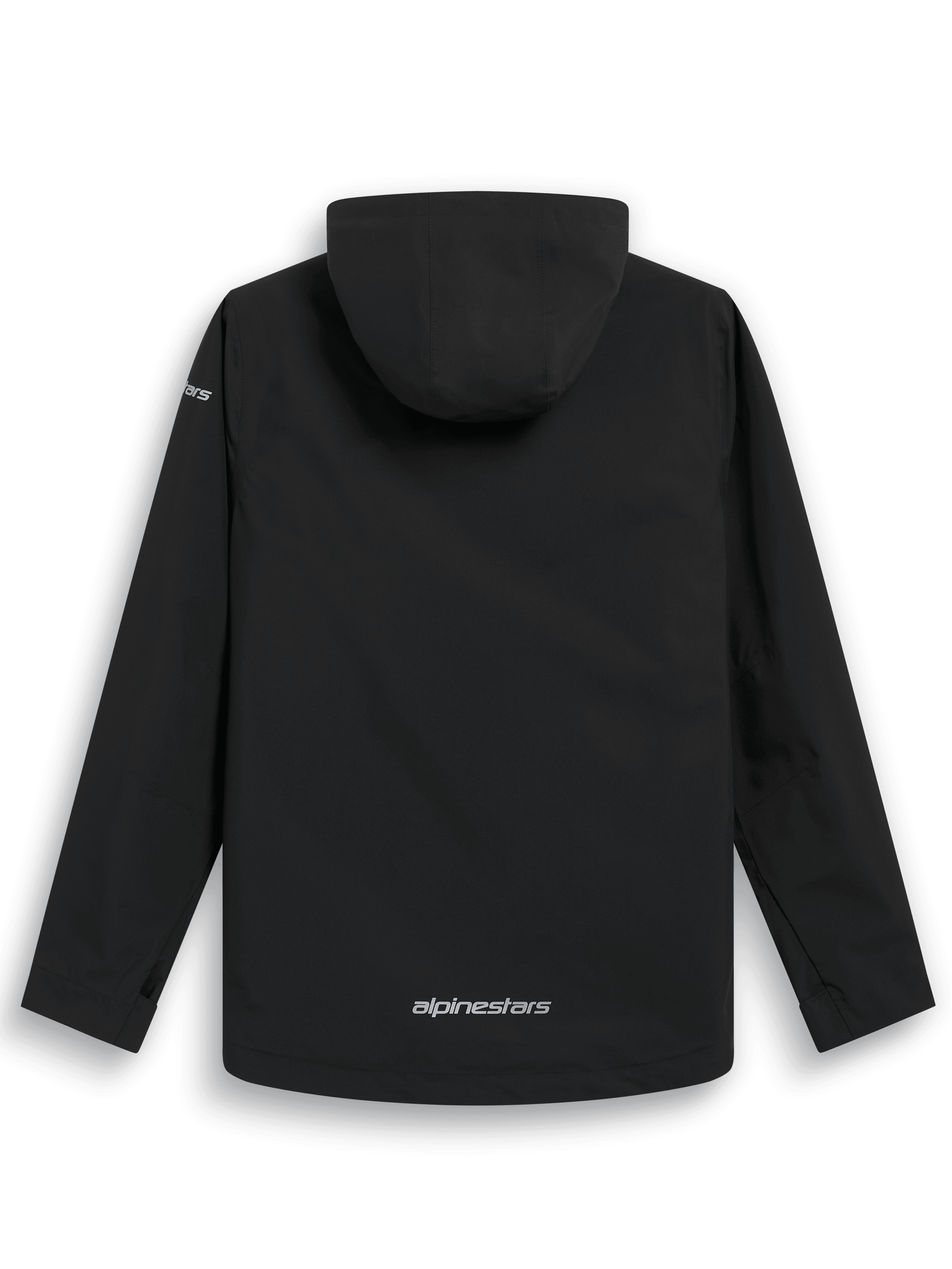 Alpinestars Kascade regenjas, achteraanzicht, zwarte waterbestendige regenjas, vaste capuchon, zilveren Alpinestars-woordmerk op de onderrug, lange mouwen, hoogwaardig outdoor- en op de motorsport geïnspireerd ontwerp