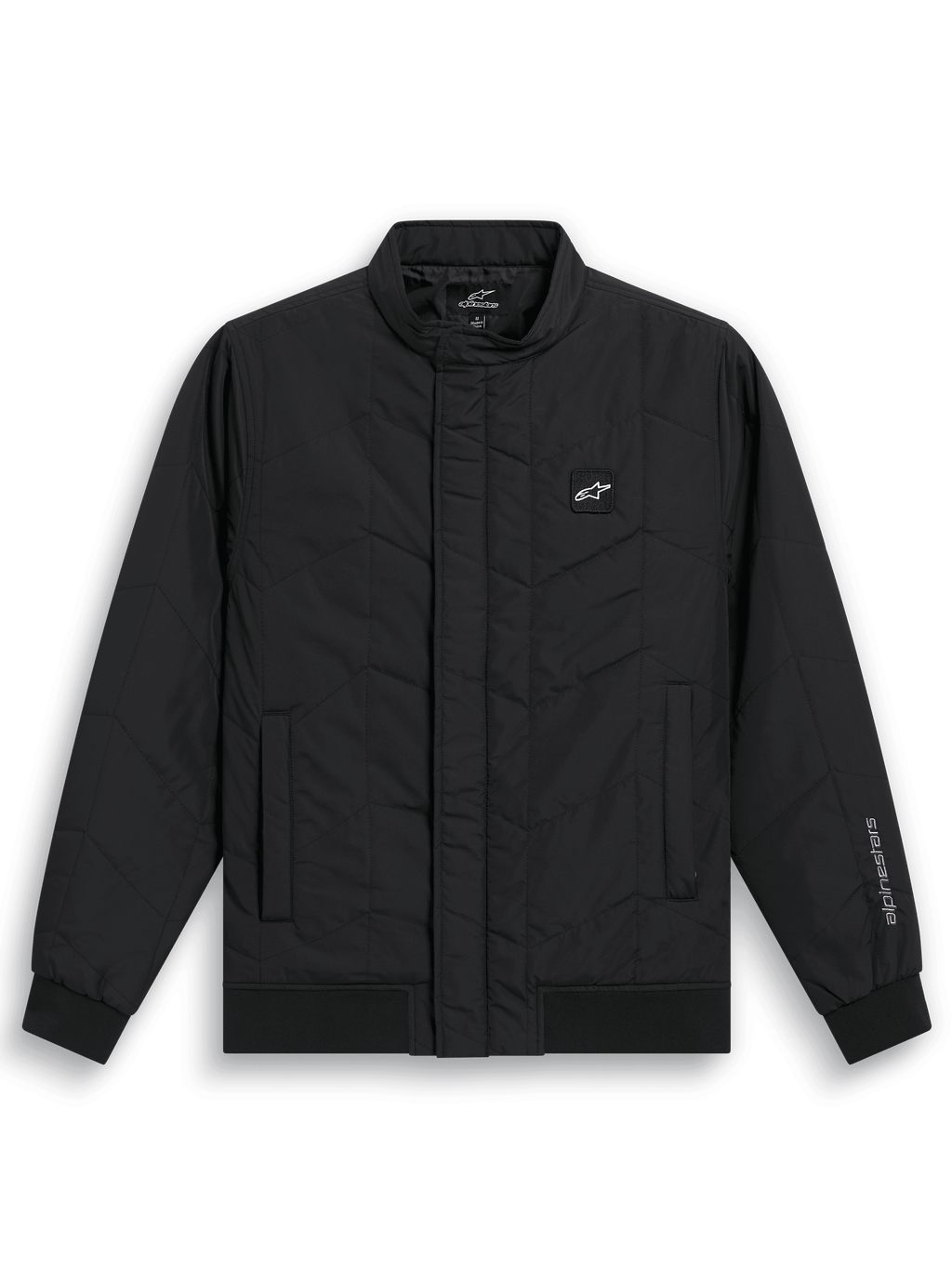 Alpinestars Precedent jas, gestept op F1-geïnspireerd sportswear jack, zwart, voorzien van een schuin stikselpatroon, lage kraag, ribmanchetten en zoom, met een kleine logopatch op de borst en borduursel op de mouw, casual motorsport-geïnspireerd ontwerp.